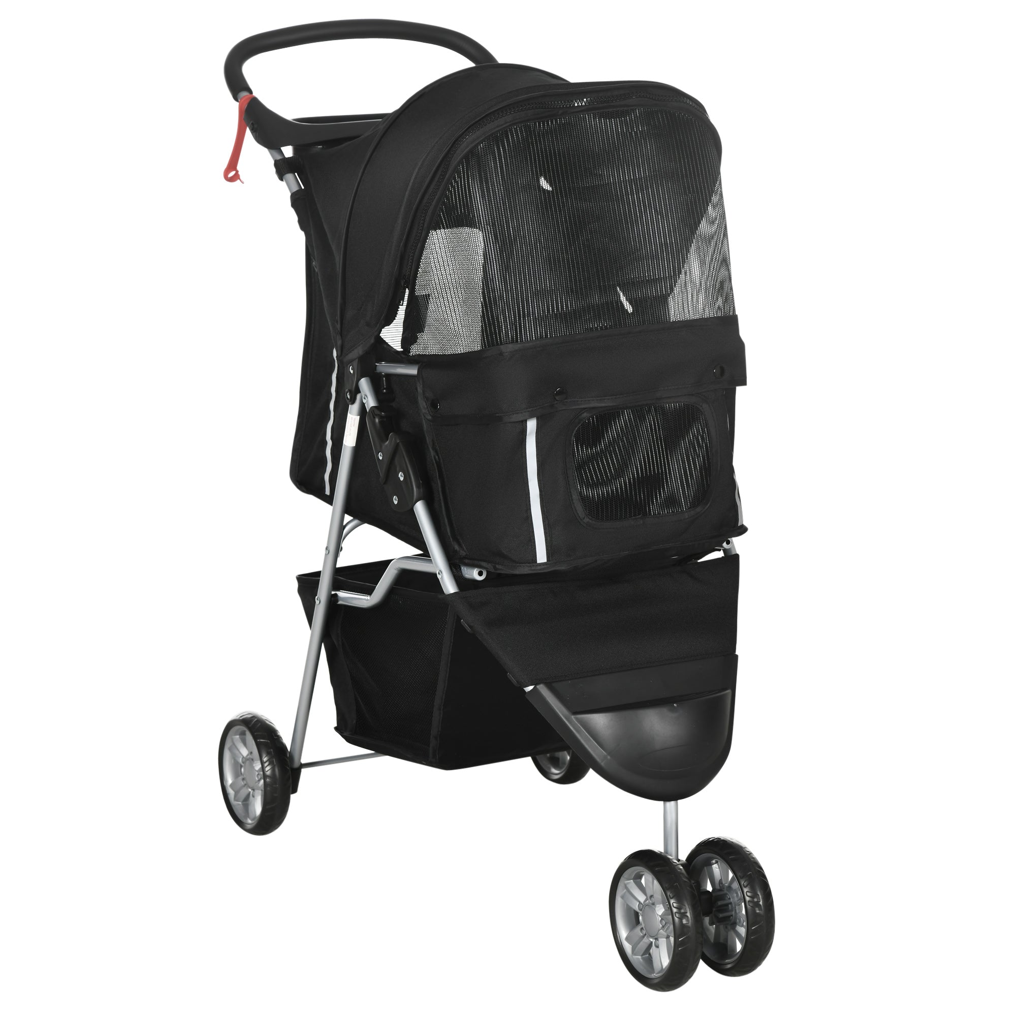 PawHut Dog Stroller, 3 Wheels Foldable Cat Dog Pram with Cup Holder, Storage Basket, Pet Stroller for Small Miniature Dogs, Black - North Peak Garden Furniture