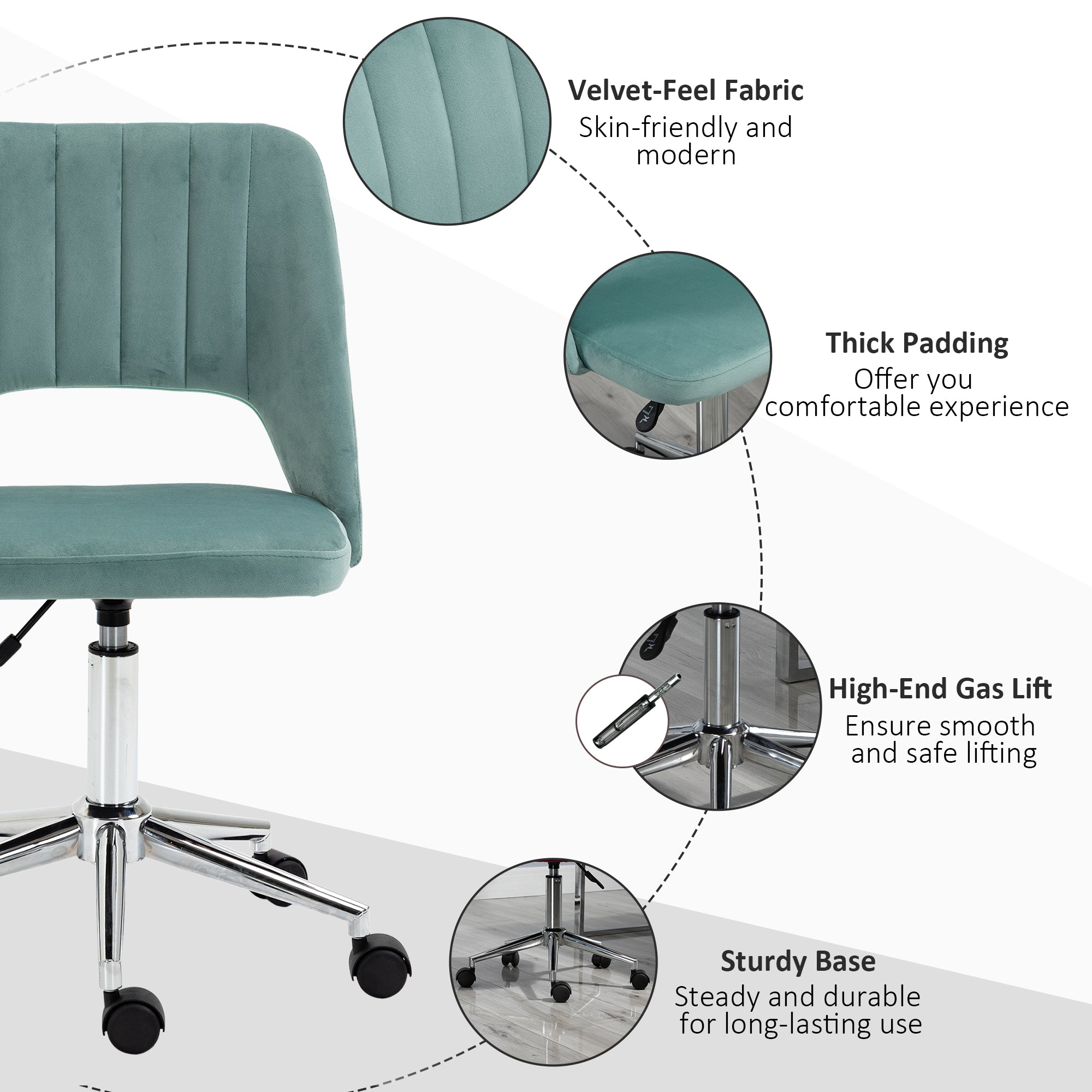 Vinsetto Mid Back Office Chair Velvet Fabric Swivel Scallop Shape Computer Desk Chair for Home Study Bedroom Green - North Peak Garden Furniture