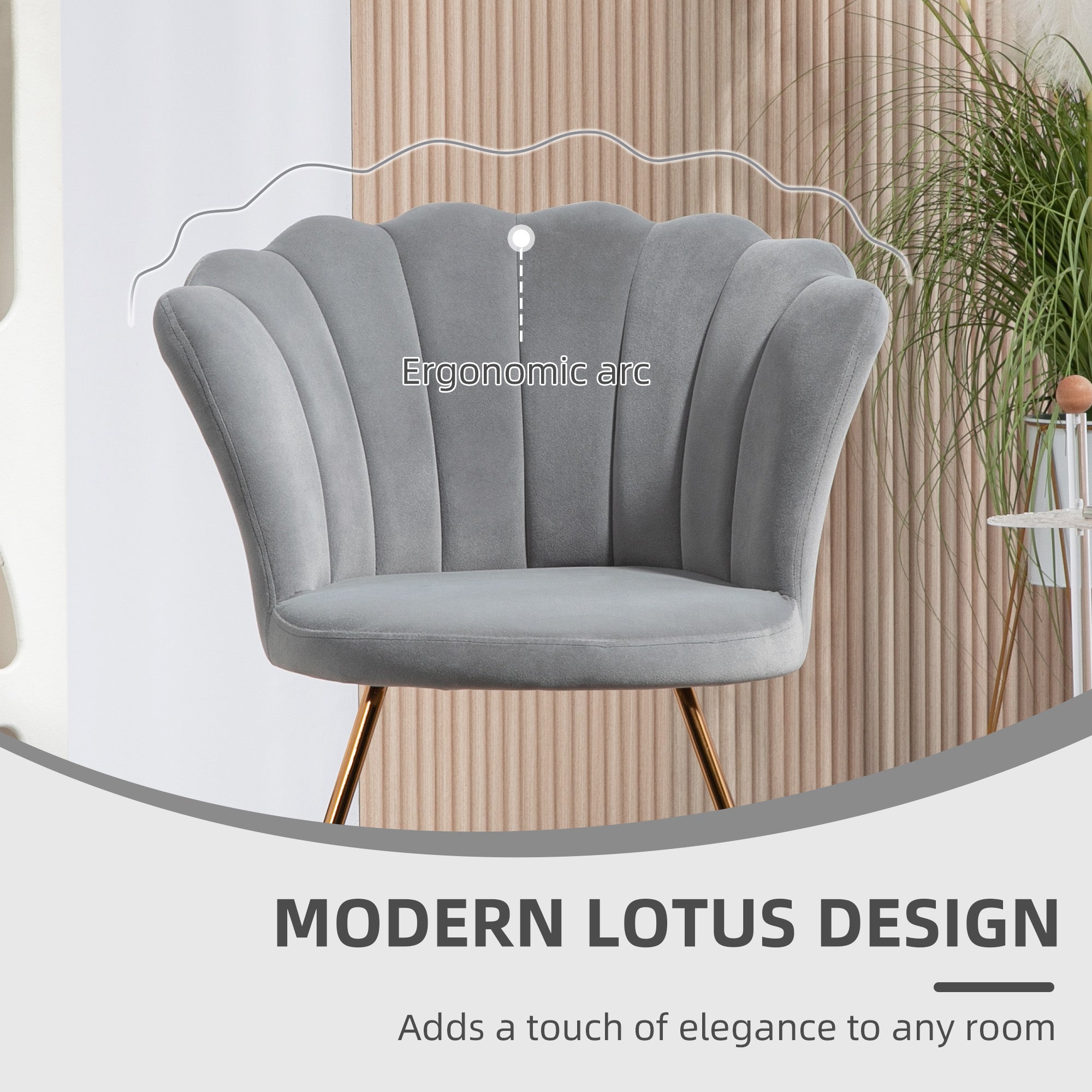 HOMCOM Velvet-Feel Lotus Petal Accent Chair - Grey - North Peak Garden Furniture