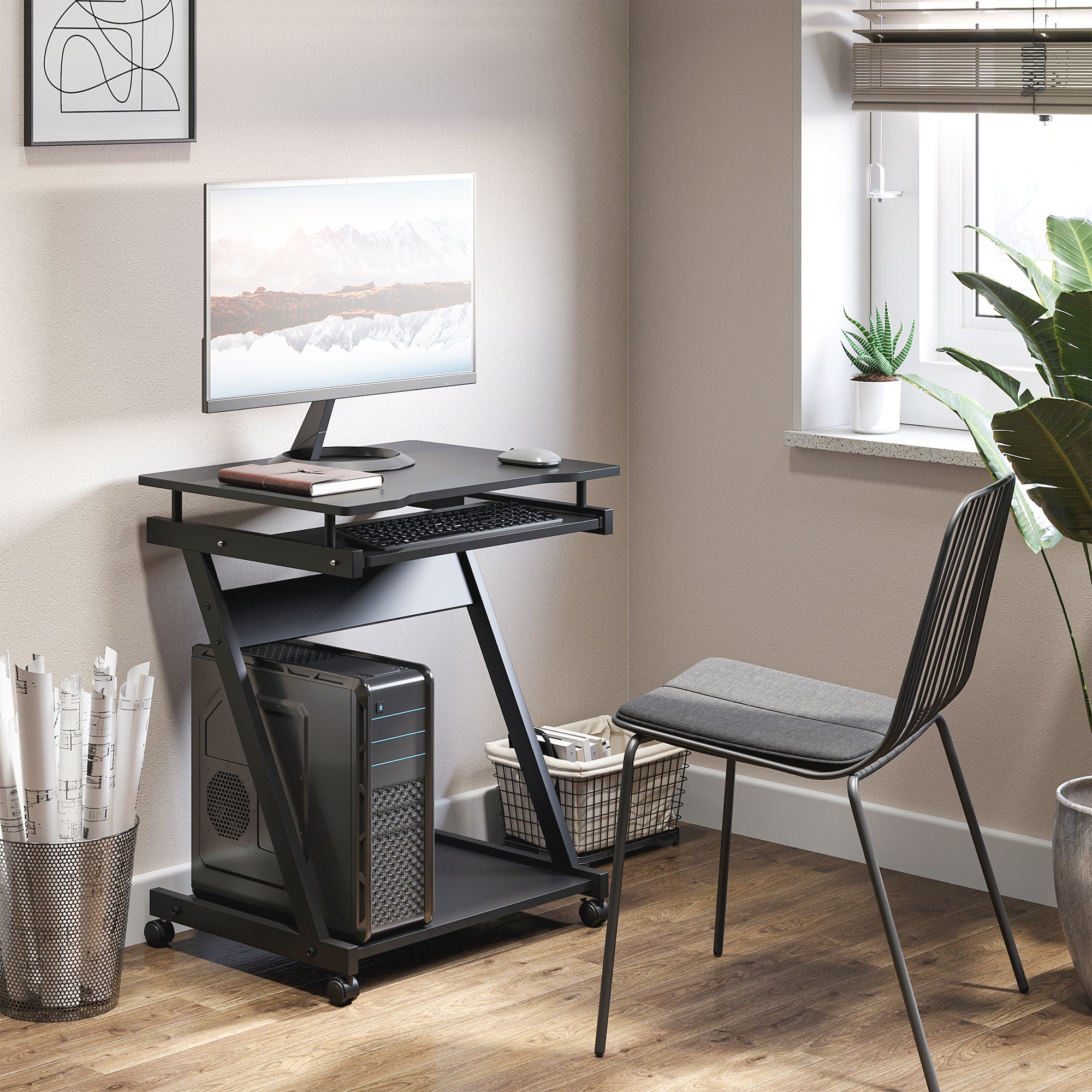 HOMCOM Movable Computer Desk with 4 Moving Wheels Sliding Keyboard Tray Home Office Workstation Black - North Peak Garden Furniture
