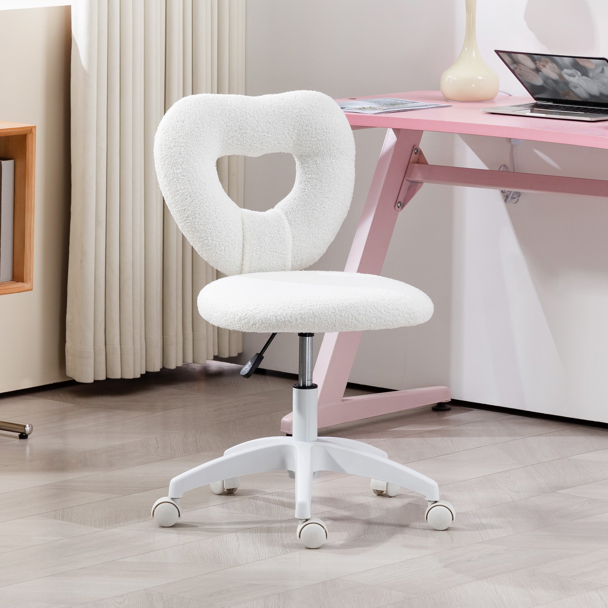 HOMCOM Armless Heart Computer Desk Chair, Teddy Fleece Swivel Office Chair, Makeup Vanity Chair with Height Adjustable, Wheels, for Home Study Bedroom, White - North Peak Garden Furniture