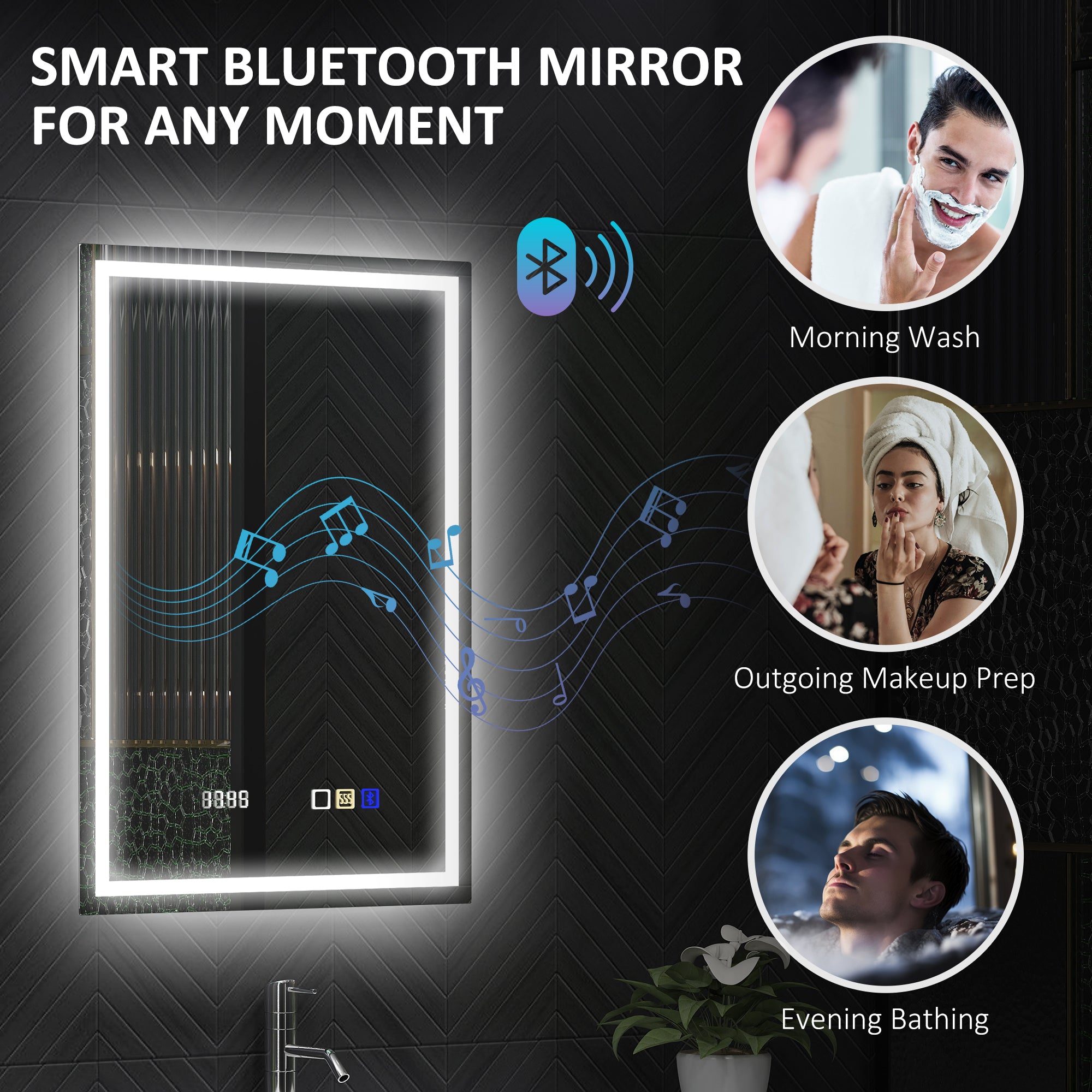 HOMCOM 50 x 70 cm Anti-Fog LED Bathroom Mirror, with Bluetooth and Clock - Silver Tone - North Peak Garden Furniture