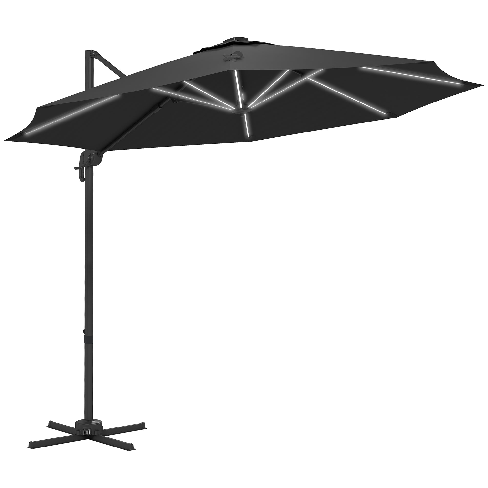 Outsunny 3(m) Adjustable Cantilever Parasol with Base, Solar LED Lights, Dark Grey - North Peak Garden Furniture