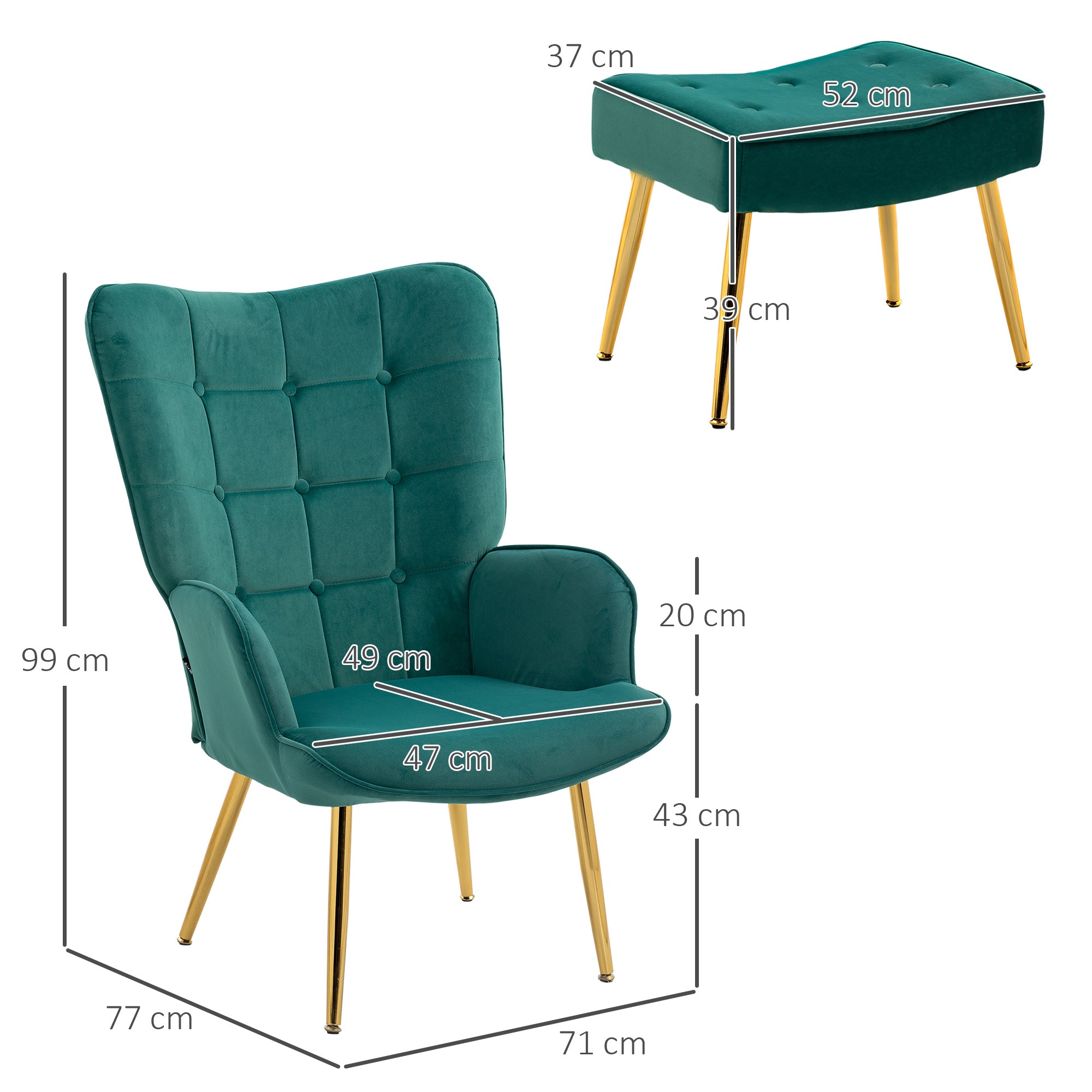 HOMCOM Modern Armchair with Footstool, Upholstered Accent Chair with Ottoman, Steel Legs, Velvet Wingback Chair for Living Room, Bedroom, Home Study, Dark Green - North Peak Garden Furniture
