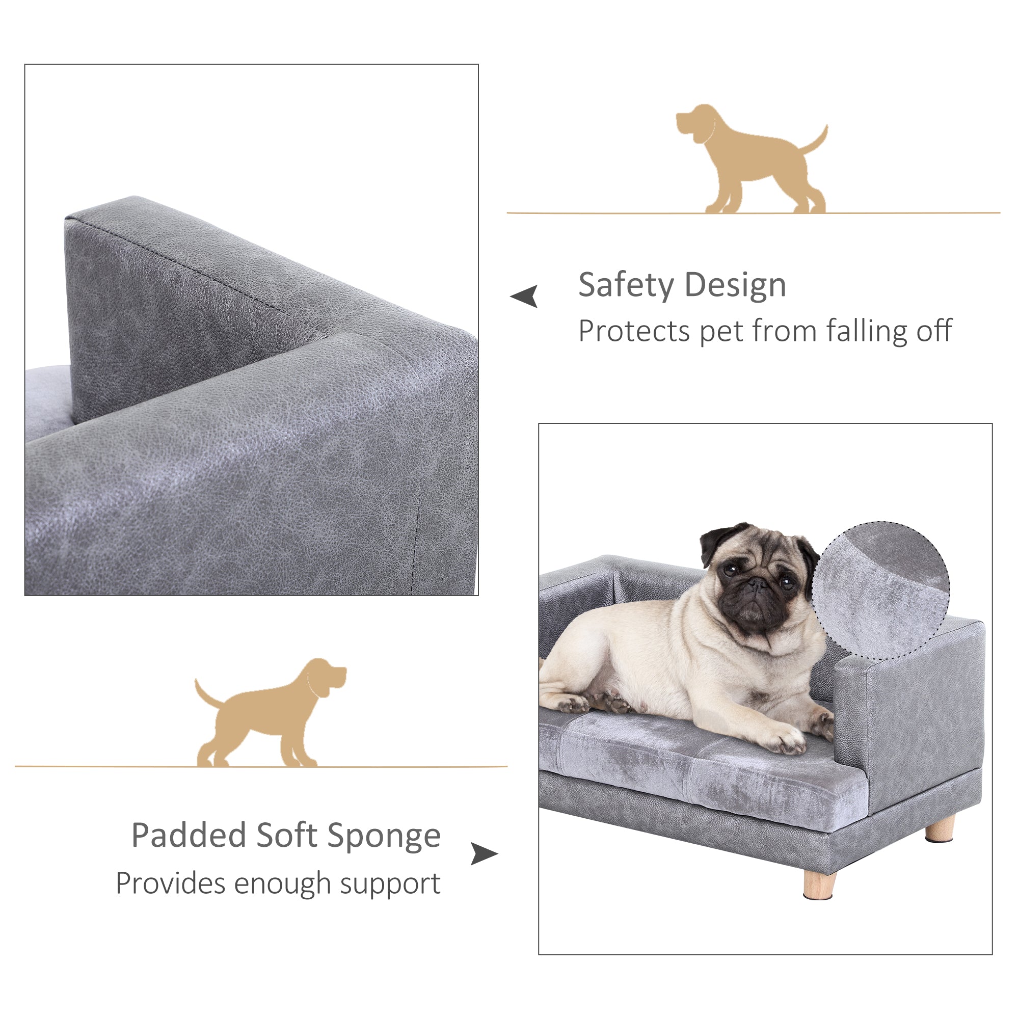 PawHut Dog Sofa Bed for Small-Sized Dogs, Elevated Pet Chair with PU Cover, Soft Cushion, Cat Couch Lounger with Anti-slip Legs - Grey