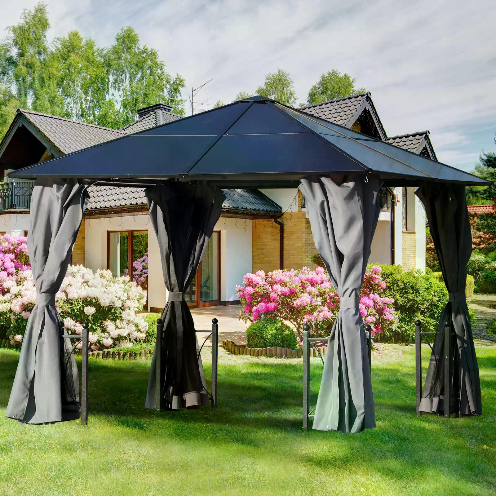 Outsunny 3 x 3(m) Hardtop Gazebo Canopy with Polycarbonate Roof, Steel & Aluminium Frame, Garden Pavilion with Mosquito Netting and Curtains, Black