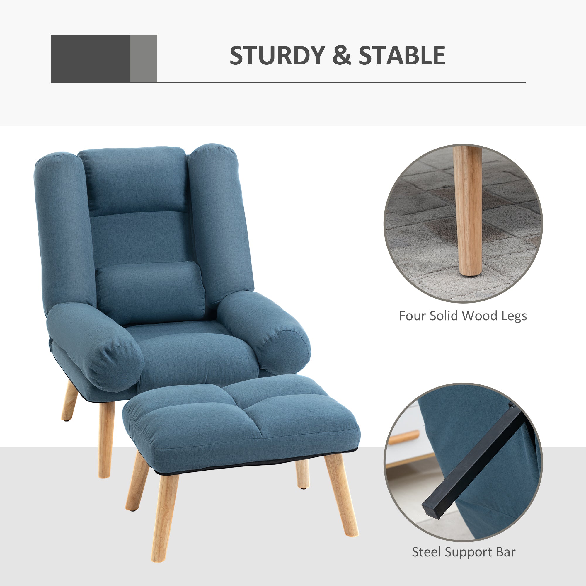 HOMCOM Armchair with Footstool, 180° Recliner with Ottoman, Accent Chair and Footstool with 3-Position Adjustable Backrest and Wooden Legs for Living Room, Blue - North Peak Garden Furniture