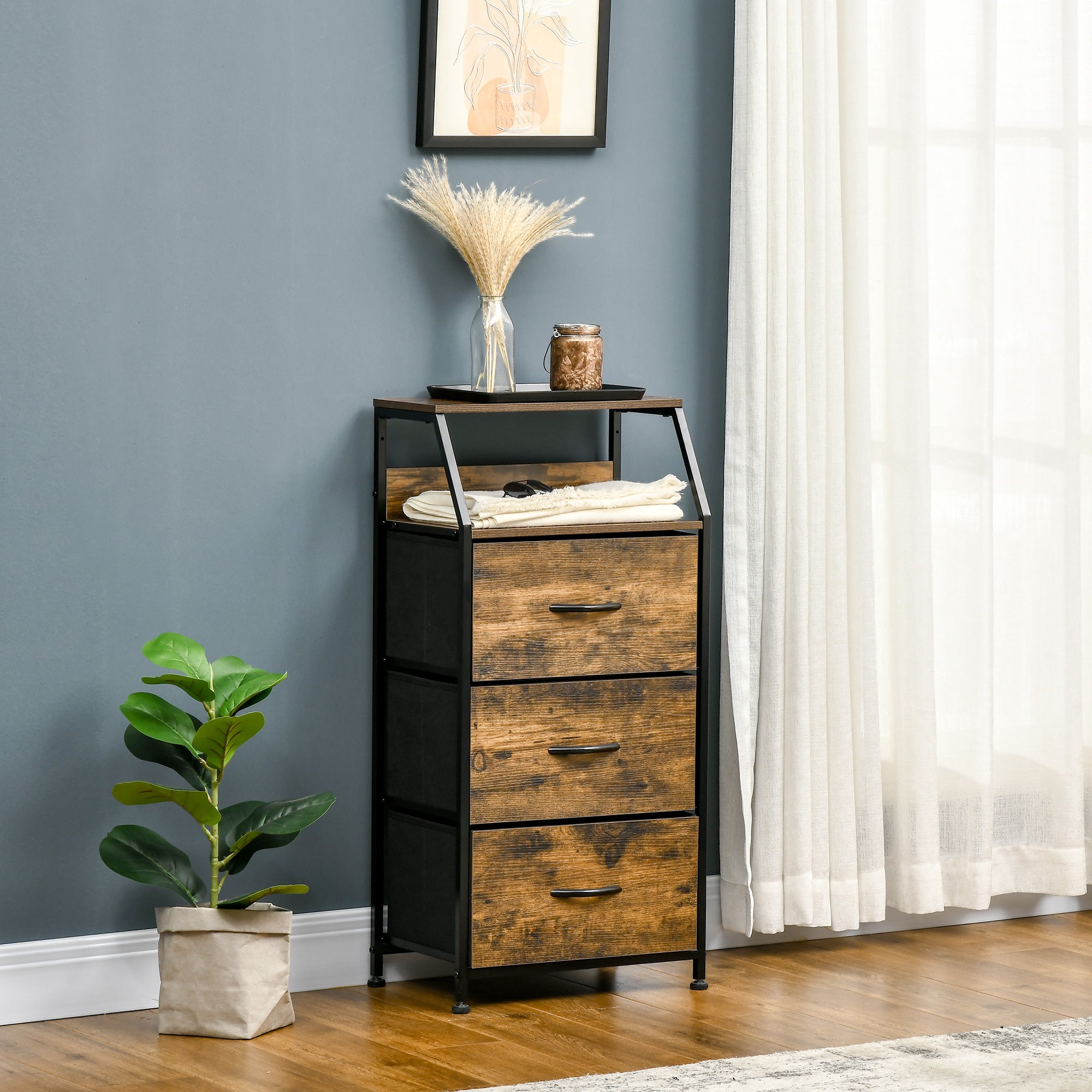 HOMCOM Industrial Storage Cabinet, Fabric Chest of Drawers with Display Shelves, 3 Drawers Storage Unit for Living Room, Rustic Brown - North Peak Garden Furniture