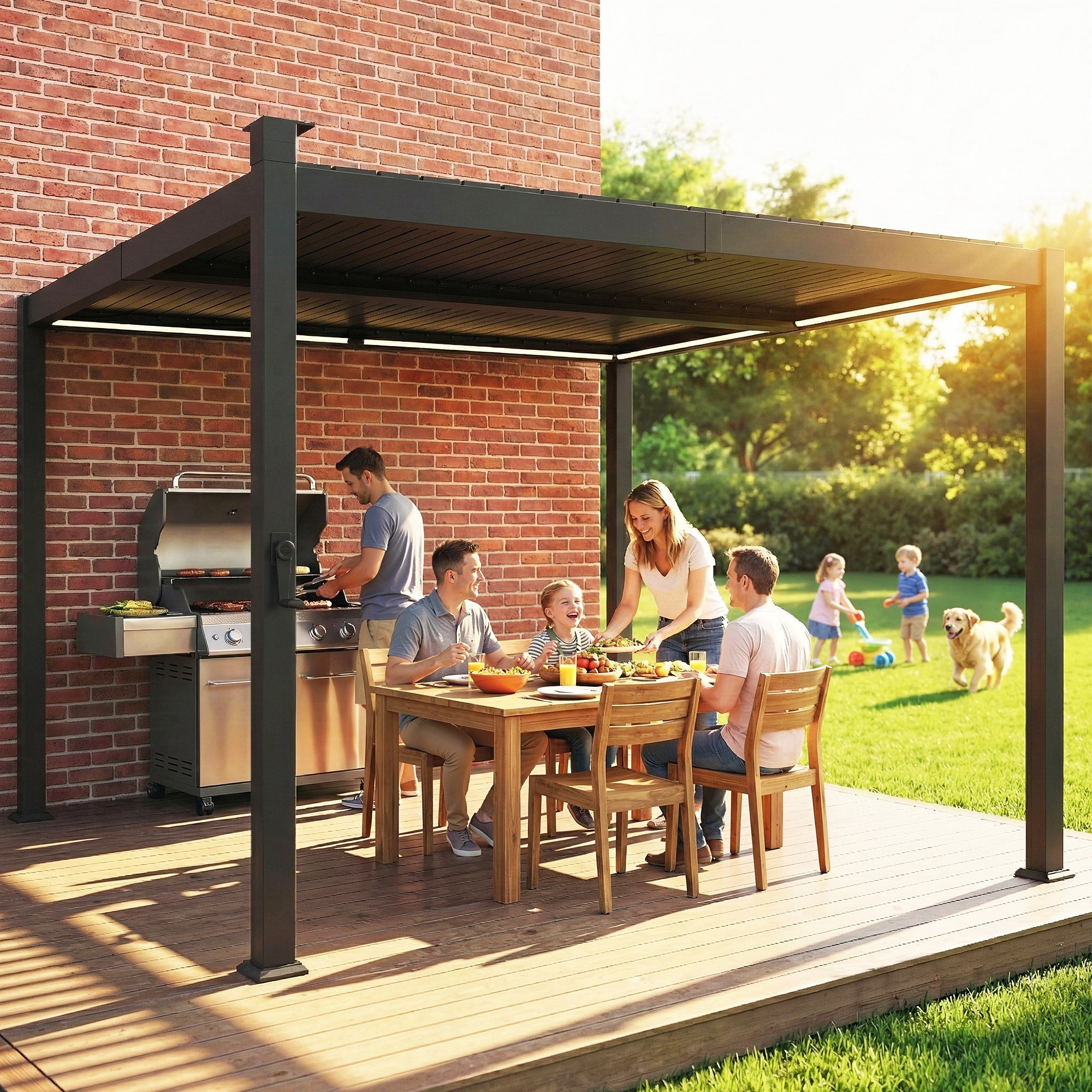 Outsunny 3 x 3 m Louvered Pergola with Solar LED lights, Metal Roof, Patio Gazebo Pergola Canopy with Drainage Gutters, Black