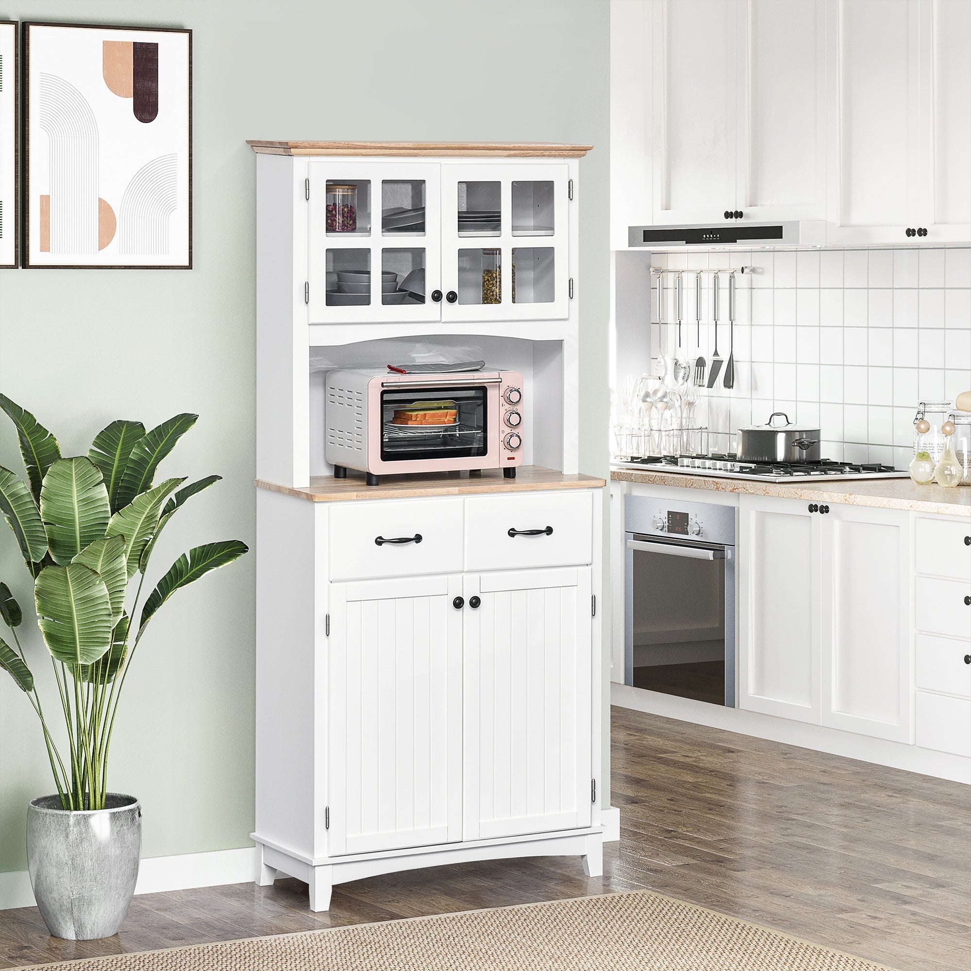 HOMCOM Freestanding Kitchen Cupboard, Kitchen Storage Cabinet with Framed Glass Doors, 2 Drawers, Microwave Counter, White - North Peak Garden Furniture