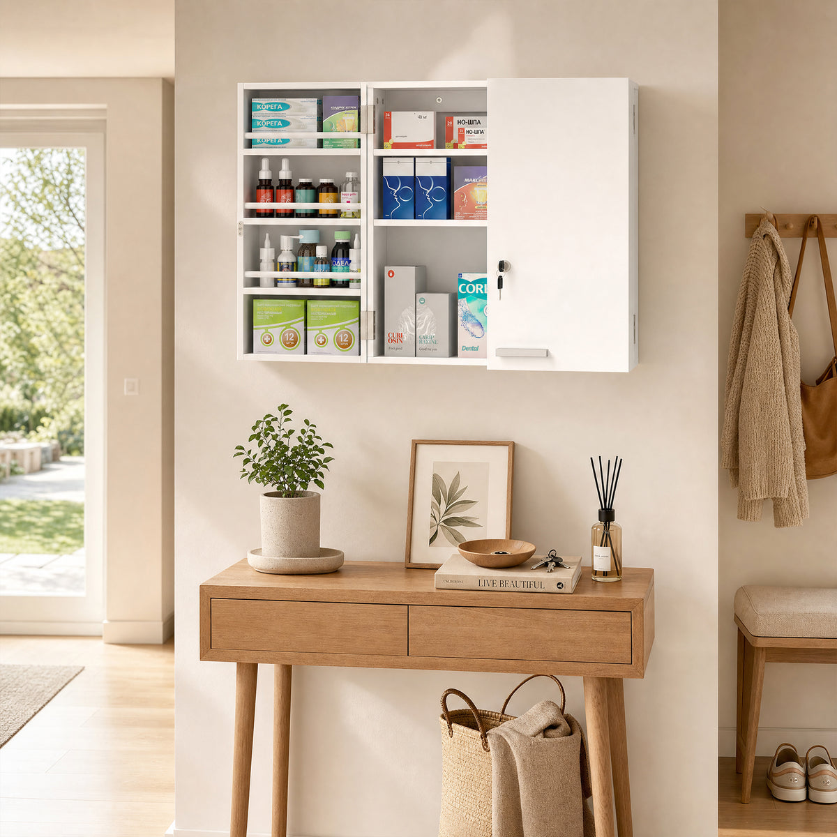 HOMCOM Wall Mount Medicine Cabinet with Key Lock, 3 Tier First Aid Cabinet with 2 Doors and 11 Storage Compartments, White