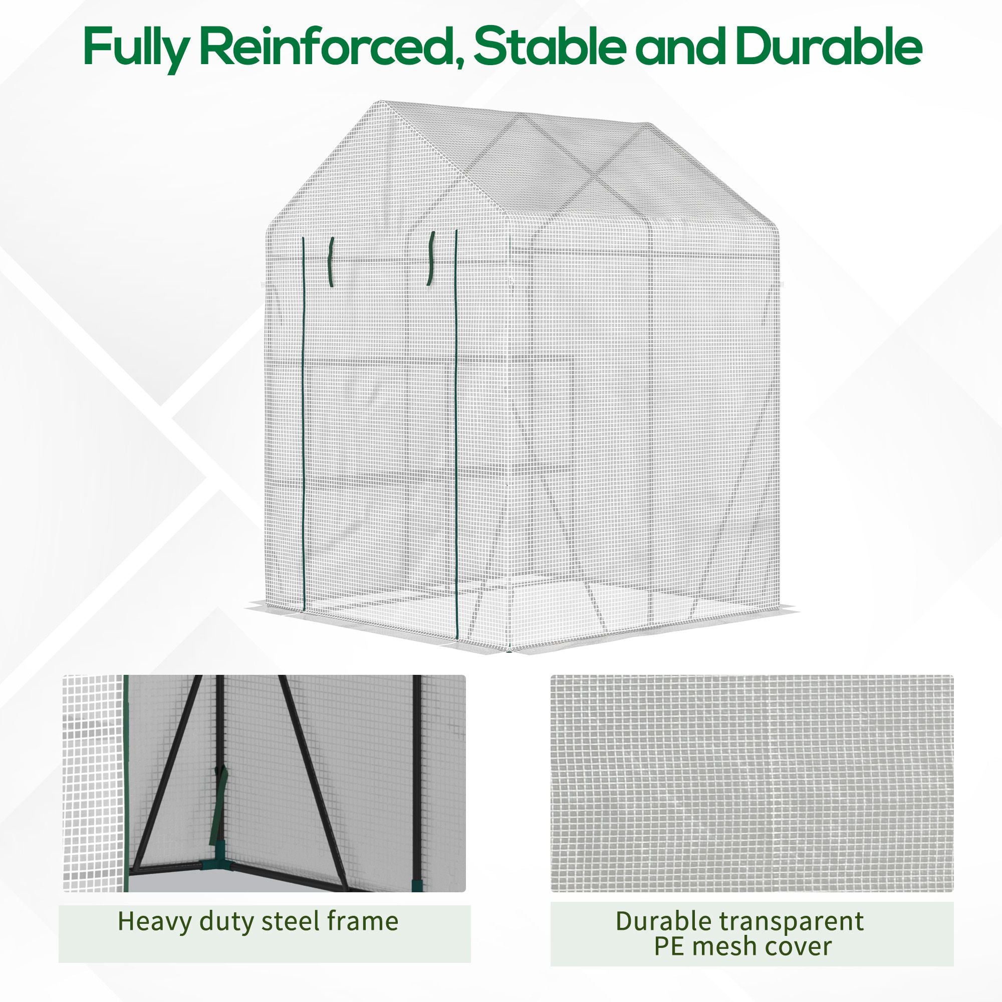 Outsunny Greenhouse for Outdoor, Portable Gardening Plant Grow House with 2 Tier Shelf, Roll-Up Zippered Door, PE Cover, 143 x 143 x 195cm, Green - North Peak Garden Furniture