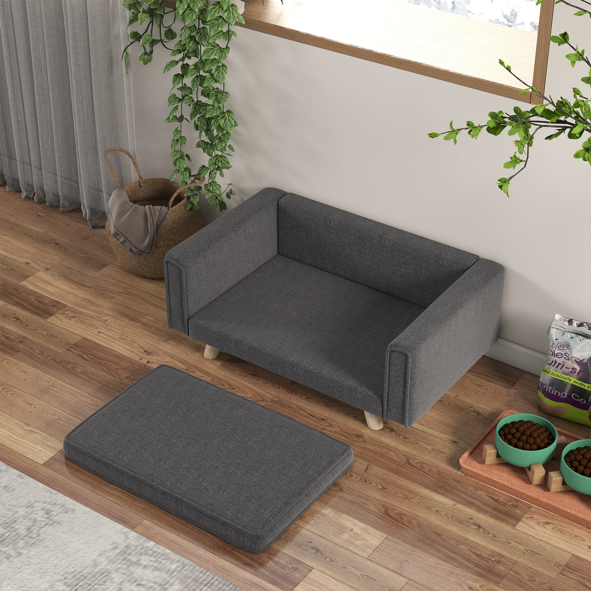 PawHut Elevated Dog Sofa Bed, with Cushion, for Medium and Small Dogs, Grey - North Peak Garden Furniture