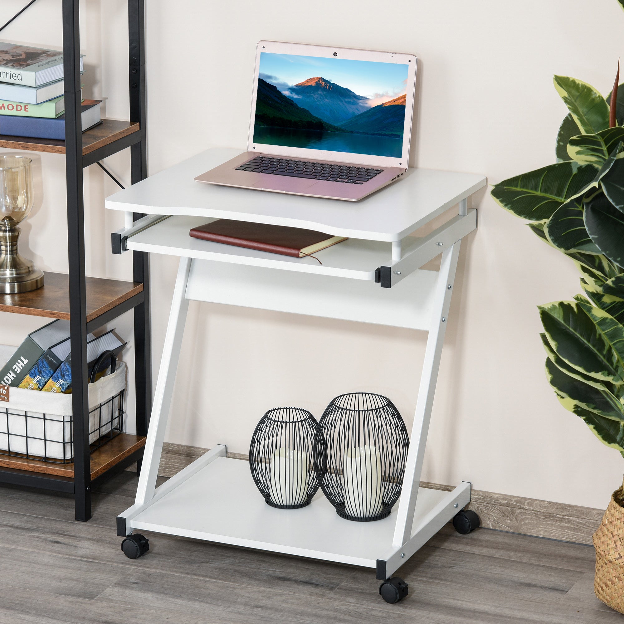 HOMCOM Movable Computer Desk with 4 Moving Wheels Sliding Keyboard Tray Home Office Workstation White - North Peak Garden Furniture