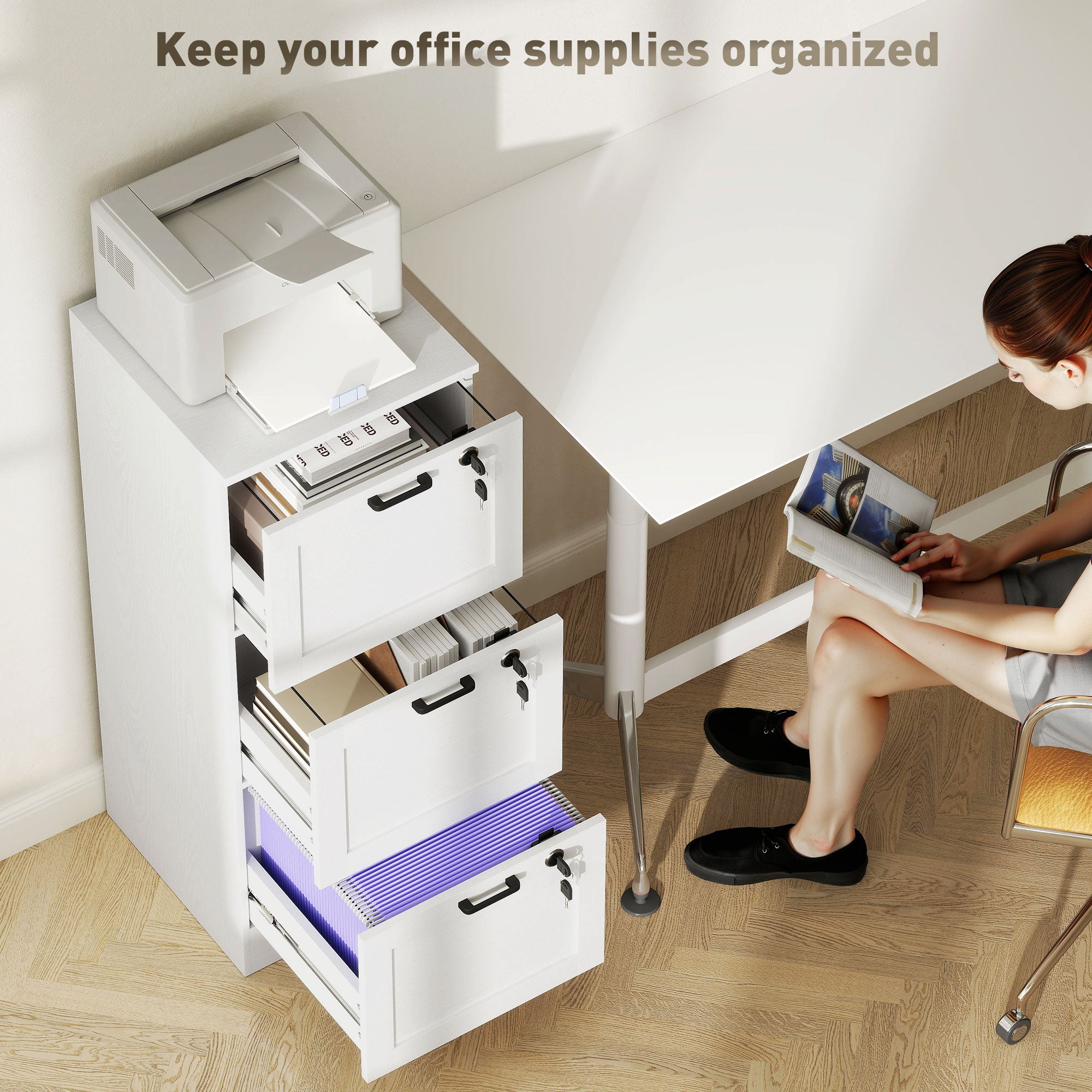 HOMCOM 3-Drawer Filing Cabinet with Lock - White - North Peak Garden Furniture