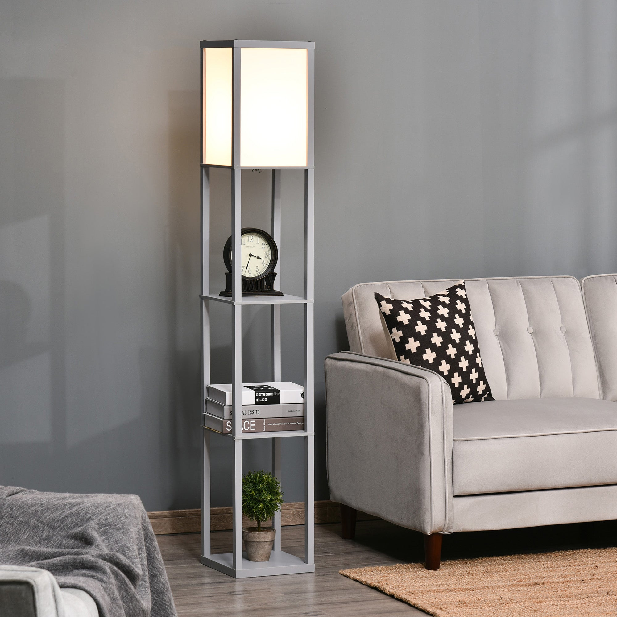 HOMCOM 3-Tier Floor Lamp, Floor Light with Storage Shelf, Reading Standing Lamp for Living Room, Bedroom, Kitchen, Dining Room, Office, Dorm, 160cm, Grey - North Peak Garden Furniture