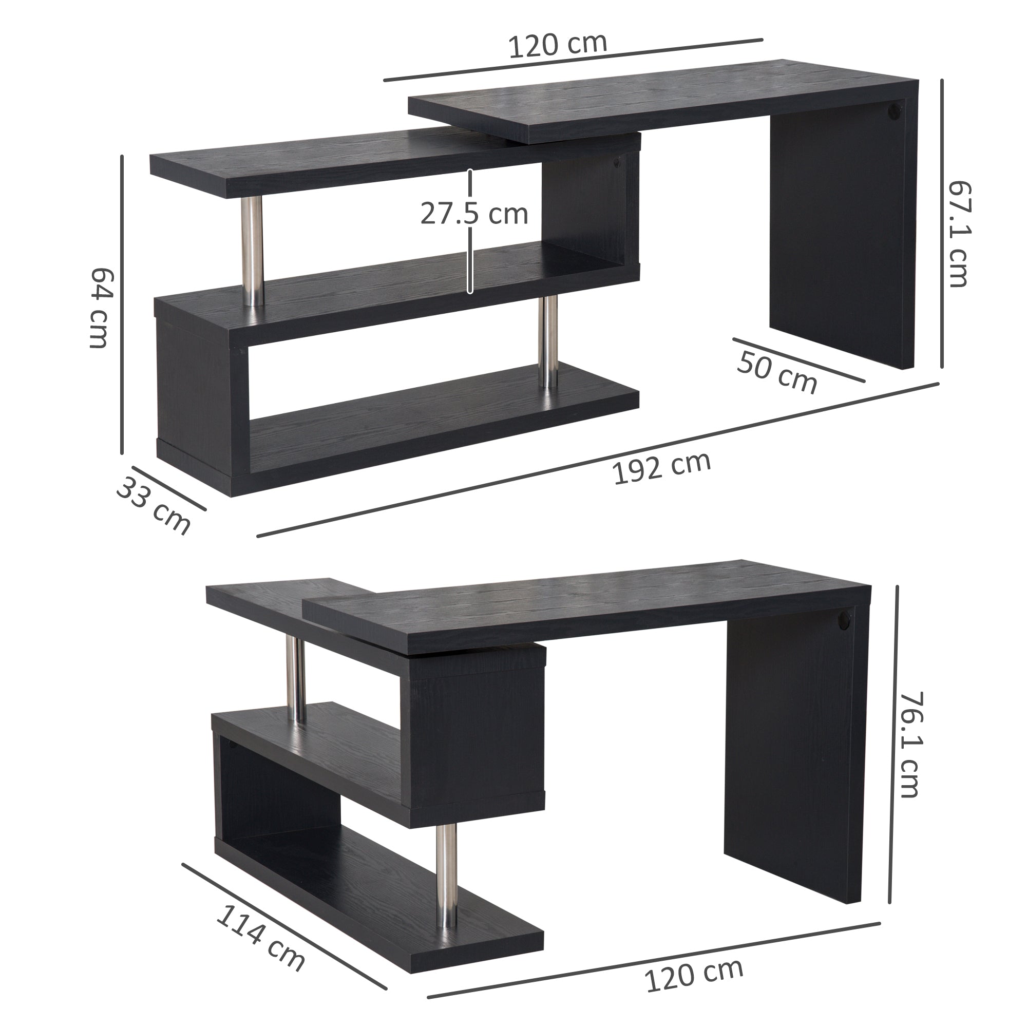 HOMCOM L Shaped Desk with 360° Rotating Storage Shelves, Corner Computer Desk, Space Saving Study Table for Home Office, Black