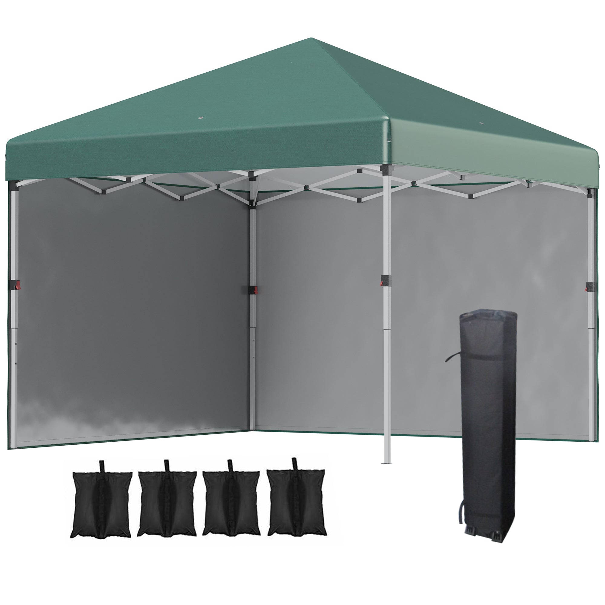 Outsunny 3 x 3 (M) Pop Up Gazebo, UPF 30+ with 2 Sidewalls, Leg Weight Bags and Wheeled Bag, Height Adjustable Party Tent Event Shelter for Garden, Patio, Green - North Peak Garden Furniture