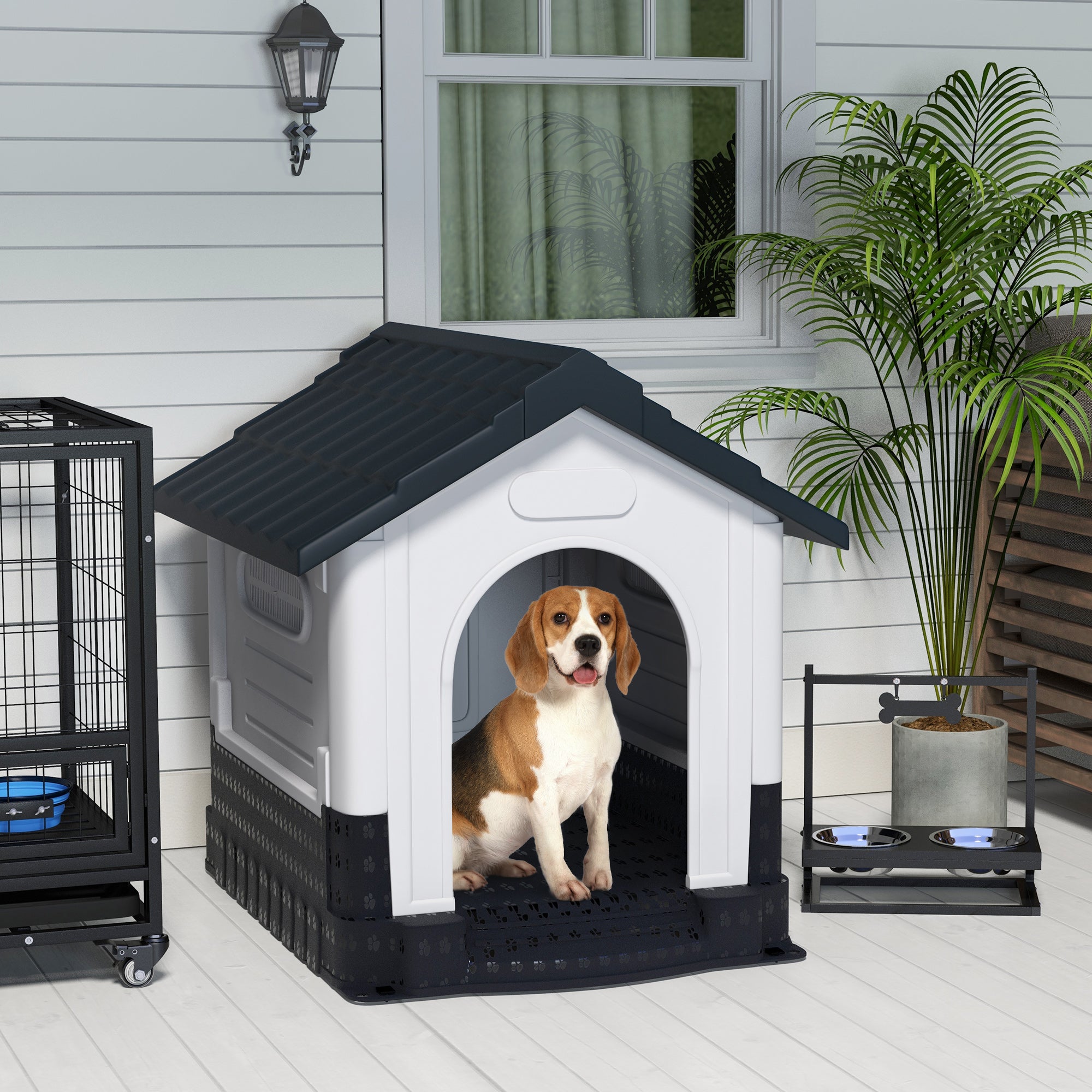 PawHut Plastic Dog Kennel with Windows, for Garden Patio, Medium and Large Dogs, 101 x 88 x 99cm - Grey - North Peak Garden Furniture