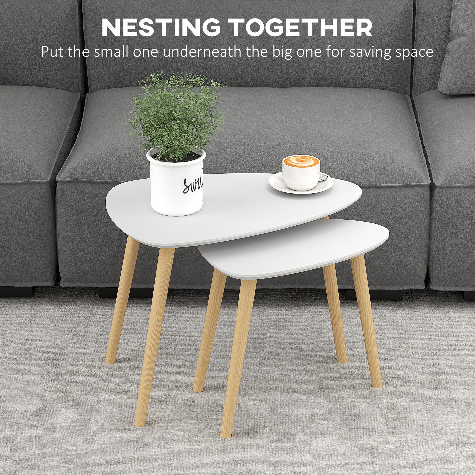 HOMCOM Nesting Coffee Table, Set of 2 Side Tables, Stacking End Tables with Solid Wood Legs, for Living Room Bedroom, Light Grey - North Peak Garden Furniture