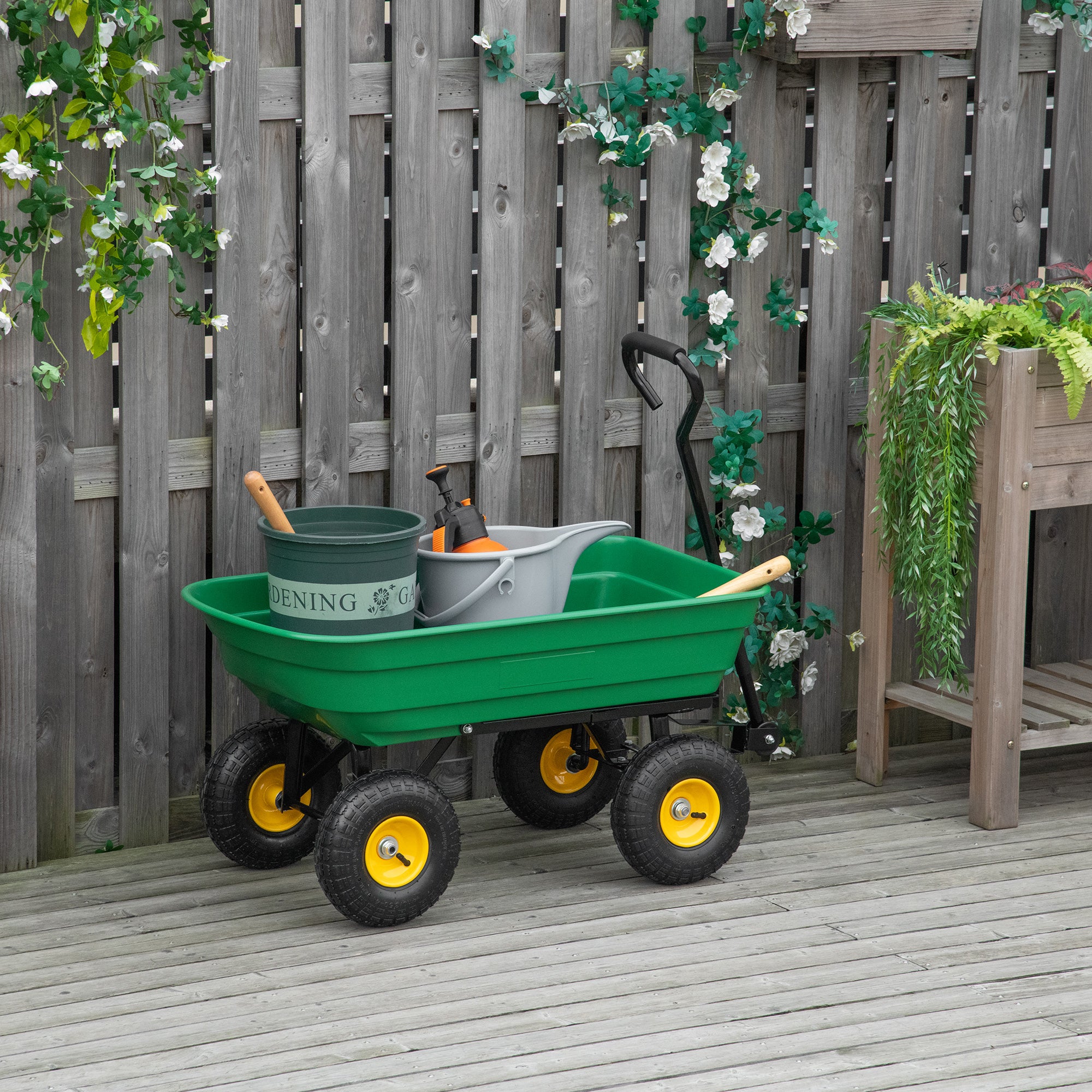 Outsunny 75 Litre Large Garden Cart Heavy Duty 4 Wheel Trolley Dump Wheelbarrow Tipping Truck Trailer - Green - North Peak Garden Furniture