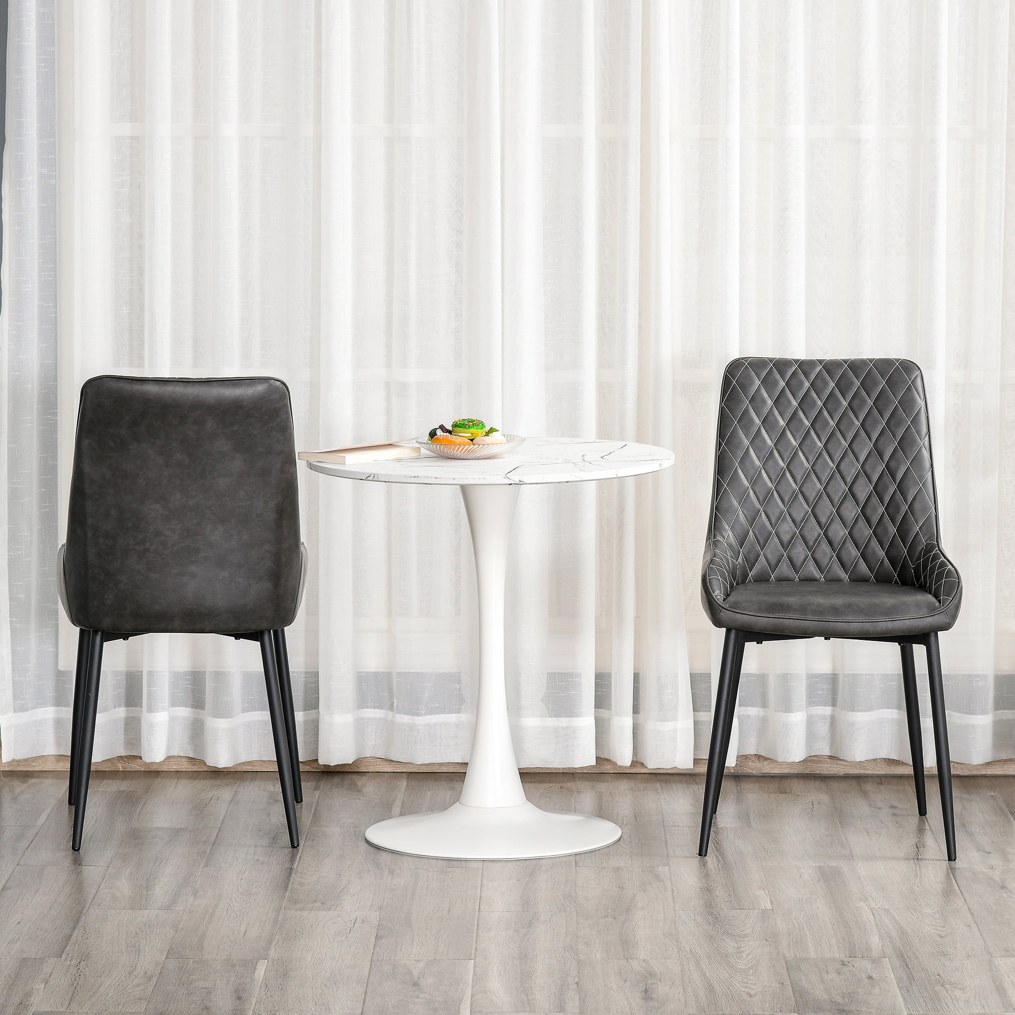 HOMCOM Retro Dining Chair Set of 2, PU Leather Upholstered Side Chairs for Kitchen Living Room with Metal Legs, Grey - North Peak Garden Furniture