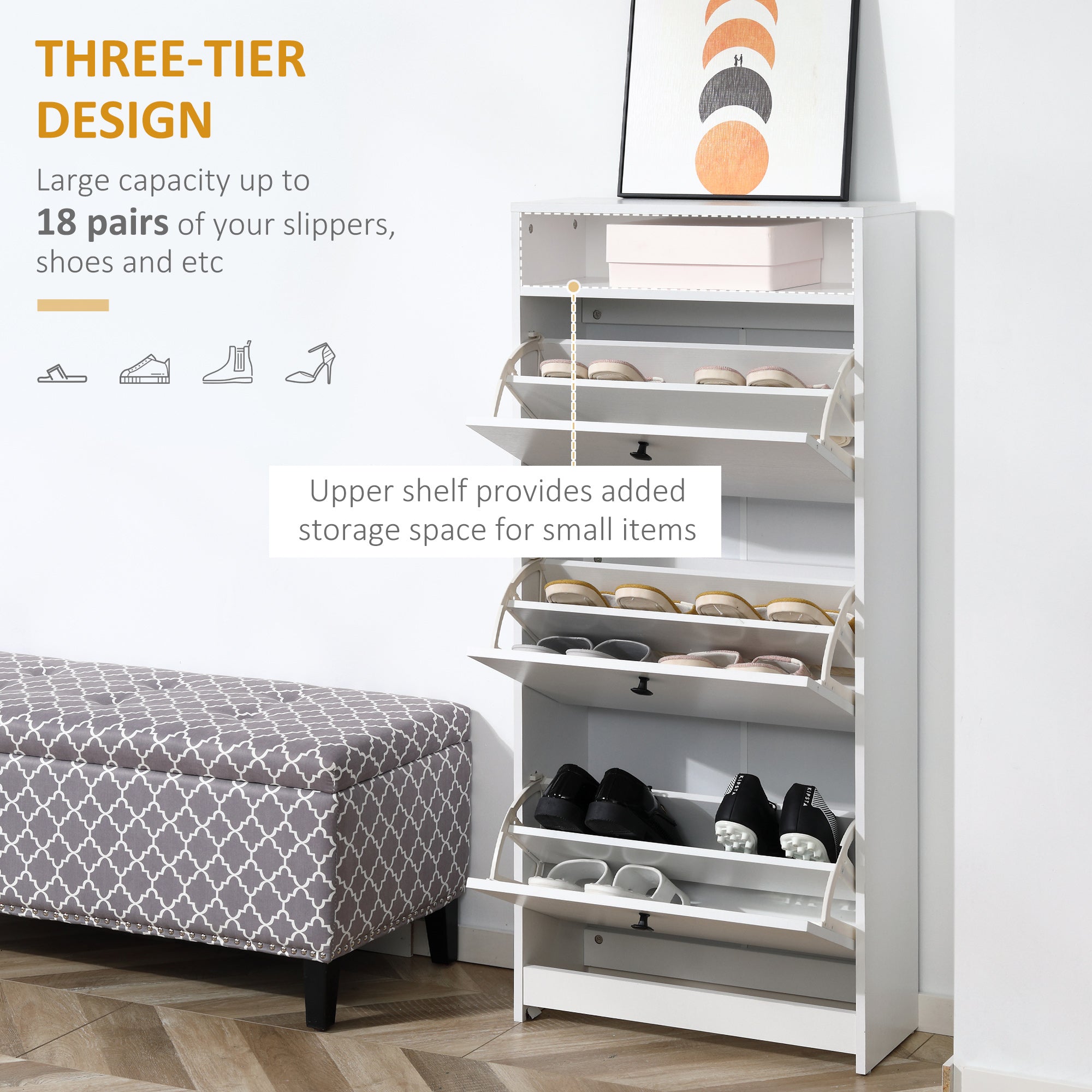 HOMCOM Shoe Storage Cabinet Footwear Organiser Rack Hallway Space-saving w/ 3 Drawers -White - North Peak Garden Furniture