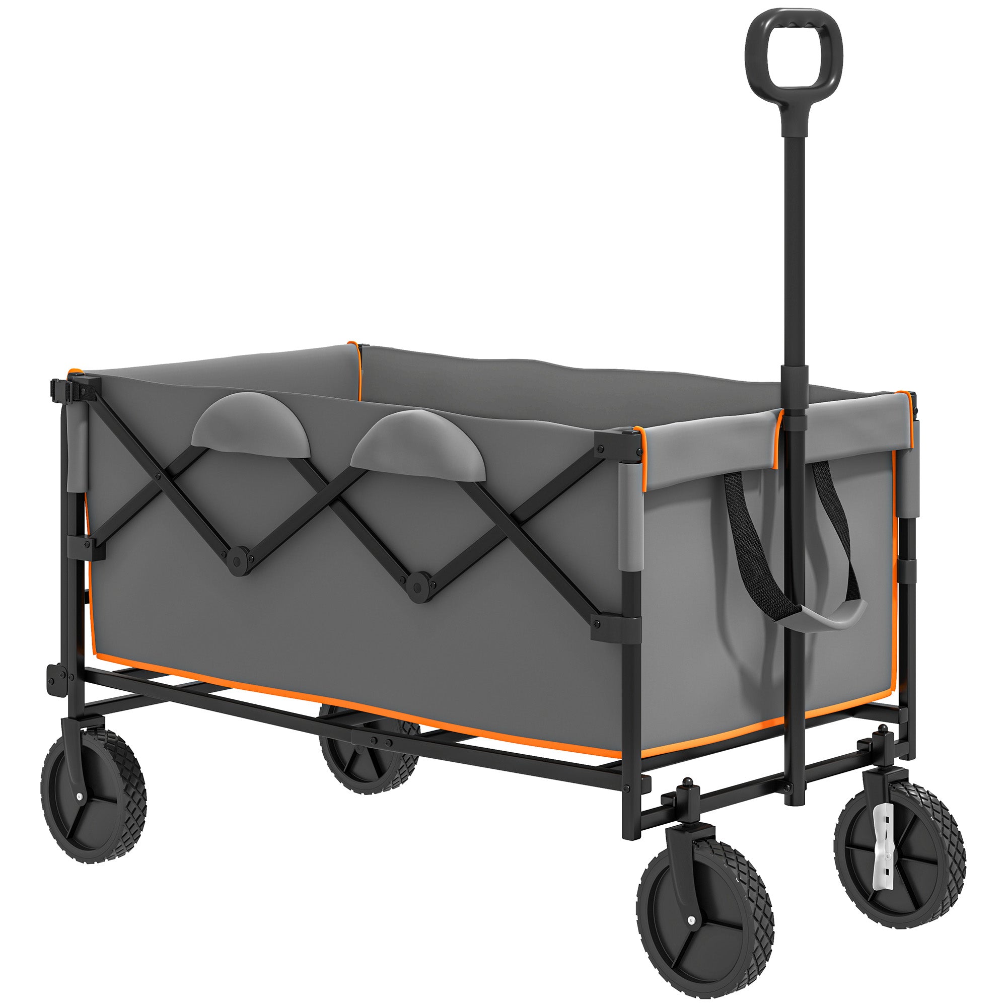 Outsunny 160L Festival Trolley on Wheels, Folding Camping Trolley Cart w/ Tailgate, 100kg Heavy Duty Garden Collapsible Folding Wagon w/Adjustable Handle, Carry Bag for Beach Picnic, Grey and Orange - North Peak Garden Furniture