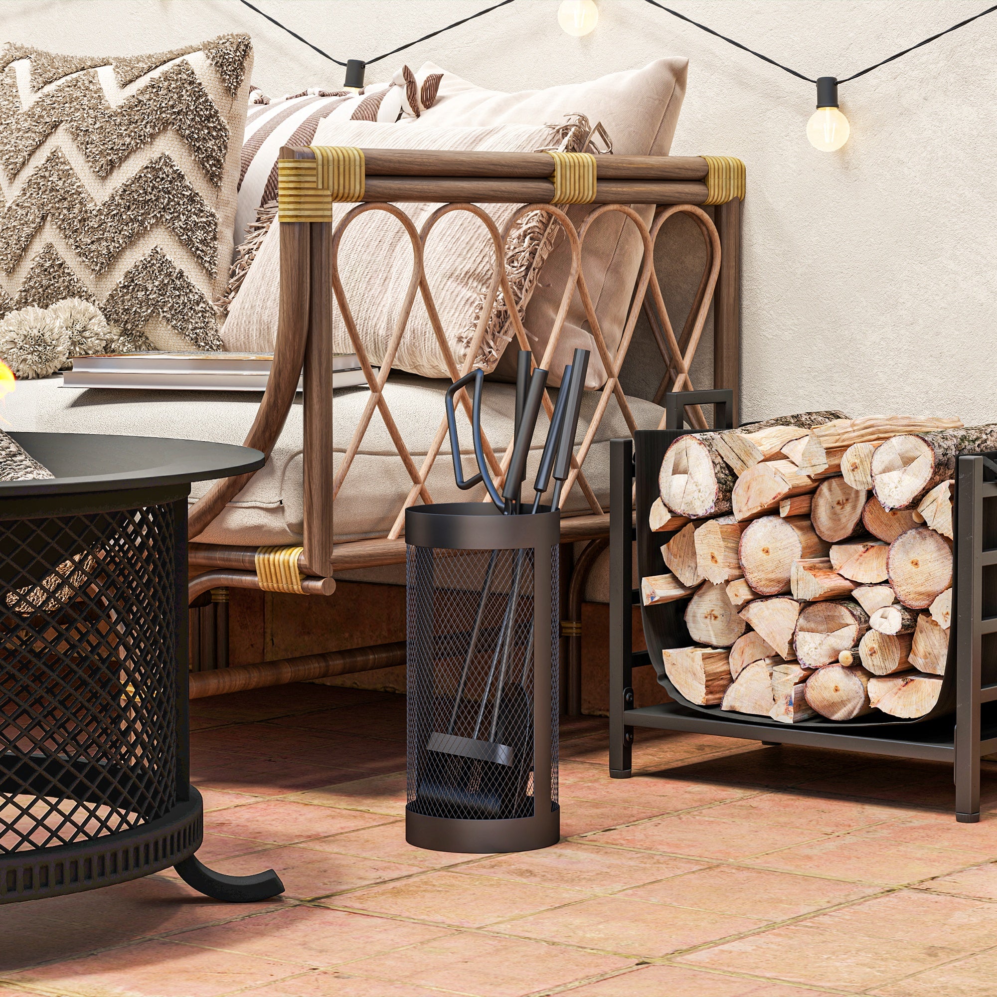 Outsunny 5-Piece Fireplace Tools Set with Mesh Basket, Indoor Outdoor Fireside Accessories for Fireplaces, Fire Pits, Black