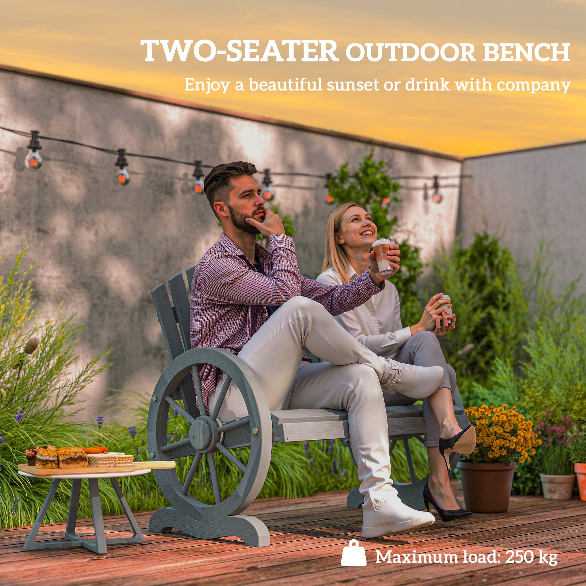 Outsunny Fir Wood Love Seats with Wheel-Shaped Armrests, Large Load-Bearing Chair, Grey - North Peak Garden Furniture