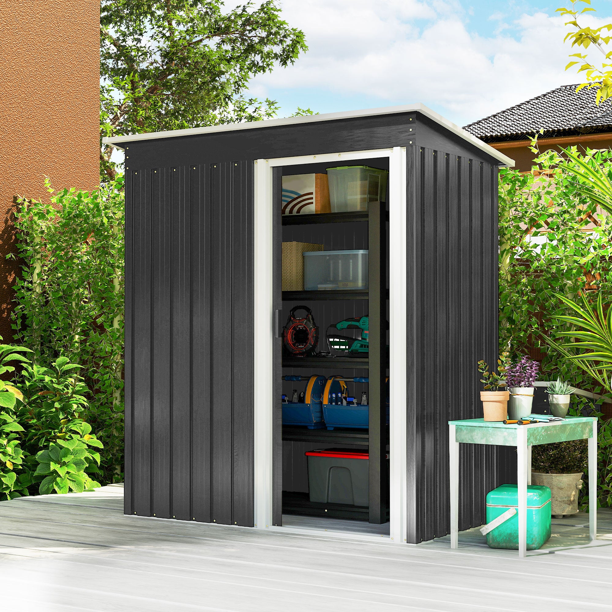 Outsunny 5 x 3ft Garden Storage Shed with Sliding Door and Sloped Roof Outdoor Equipment Tool Backyard, Black