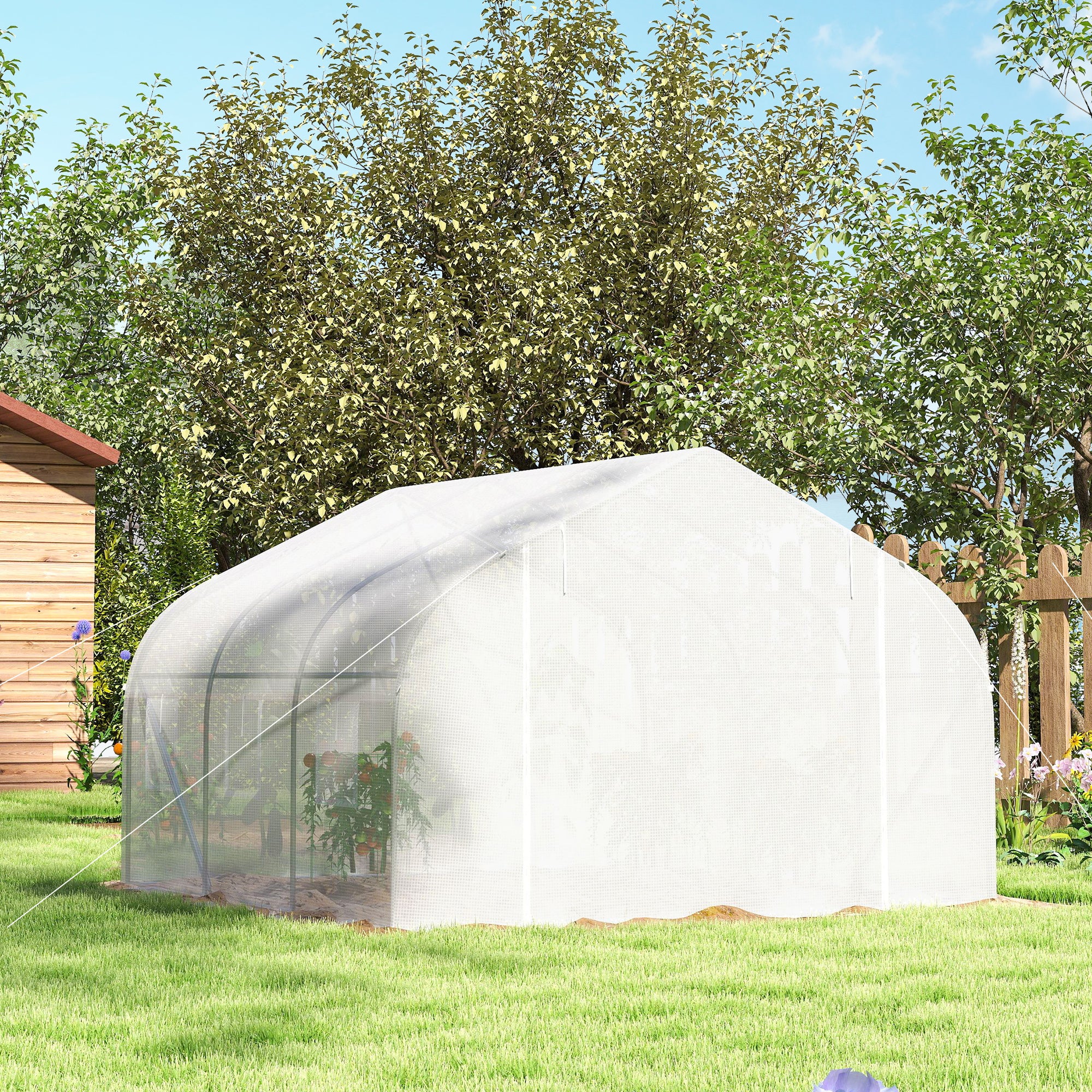 Outsunny Walk-In Polytunnel Greenhouse Warm House Garden Tunnel Shelter Plant Shed with Door and Windows, Galvanised Steel Frame, 4.5 x 3 x 2m, White