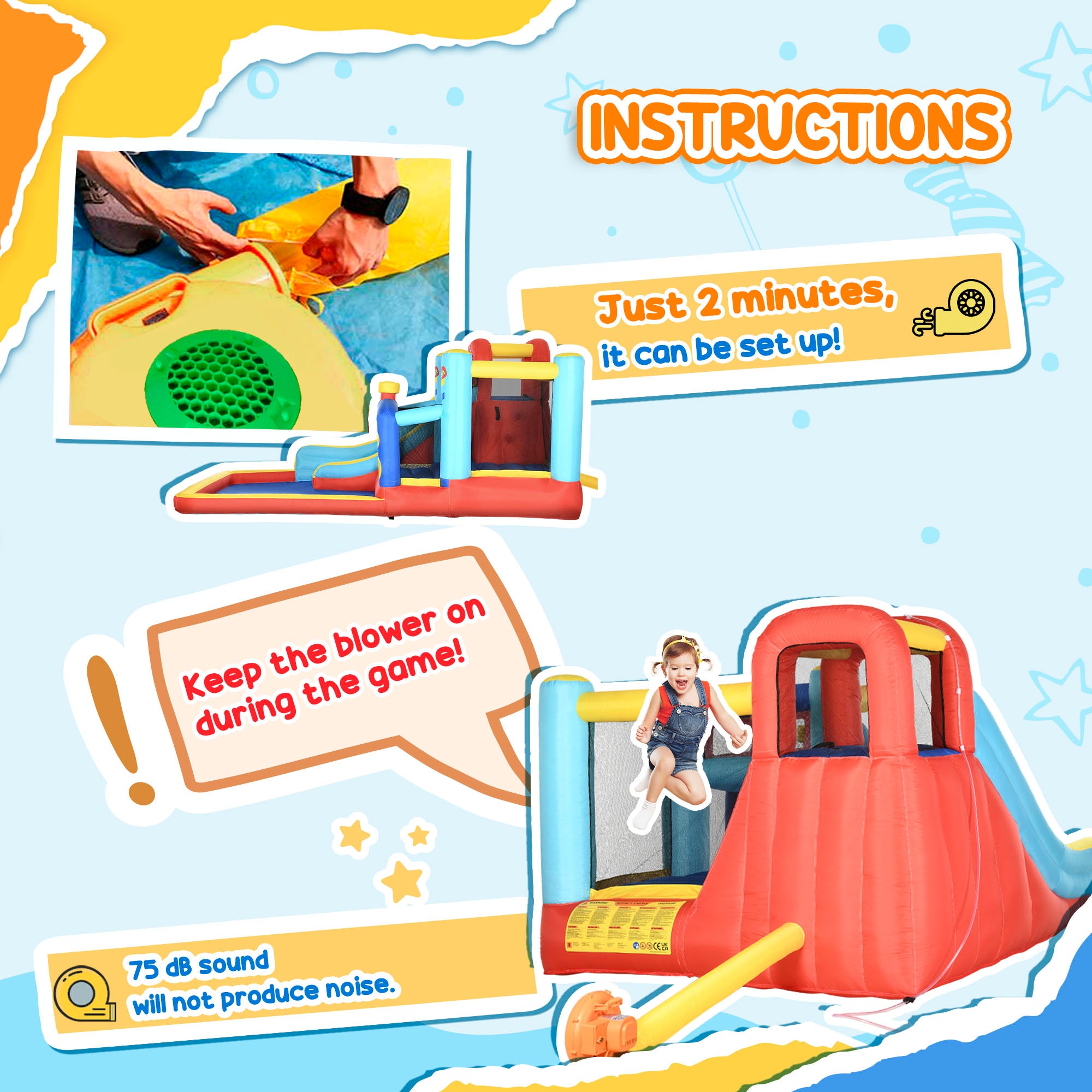 Outsunny 4-in-1 Bouncy Castle, with Slide, Trampoline, Climbing Wall, Blower, Multicoloured