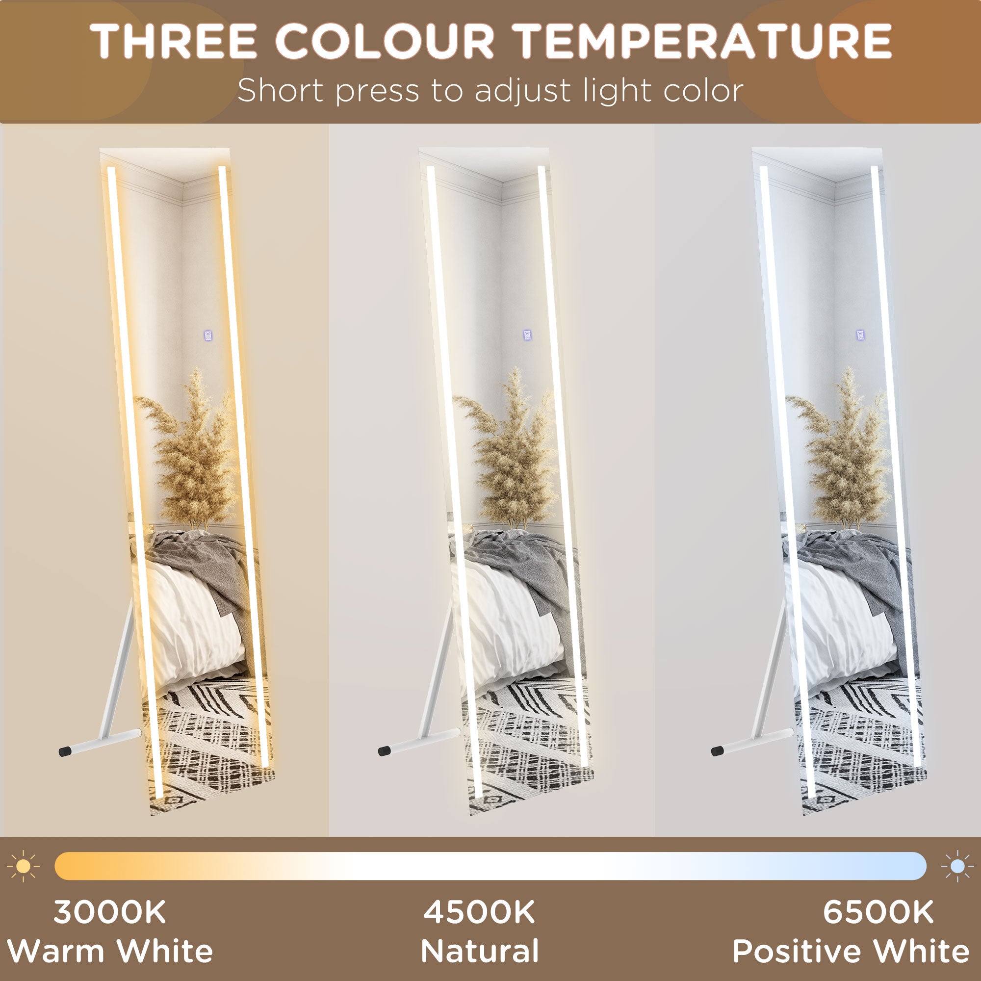 HOMCOM Standing Dressing Mirror with LED Lights, Wall Dressing Mirror for Bedroom with Dimmable and 3 Colour Lighting, White - North Peak Garden Furniture