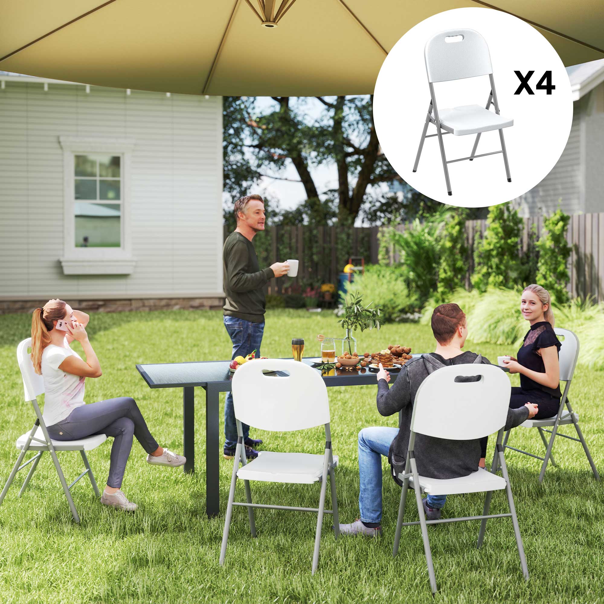 Outsunny Folding Chair Set of 4 with Steel Frame, Outdoor Chair Set with HDPE Backrest, Seat and Handles for Mobility, Garden Chair Set for Patio Deck Balcony, White - North Peak Garden Furniture