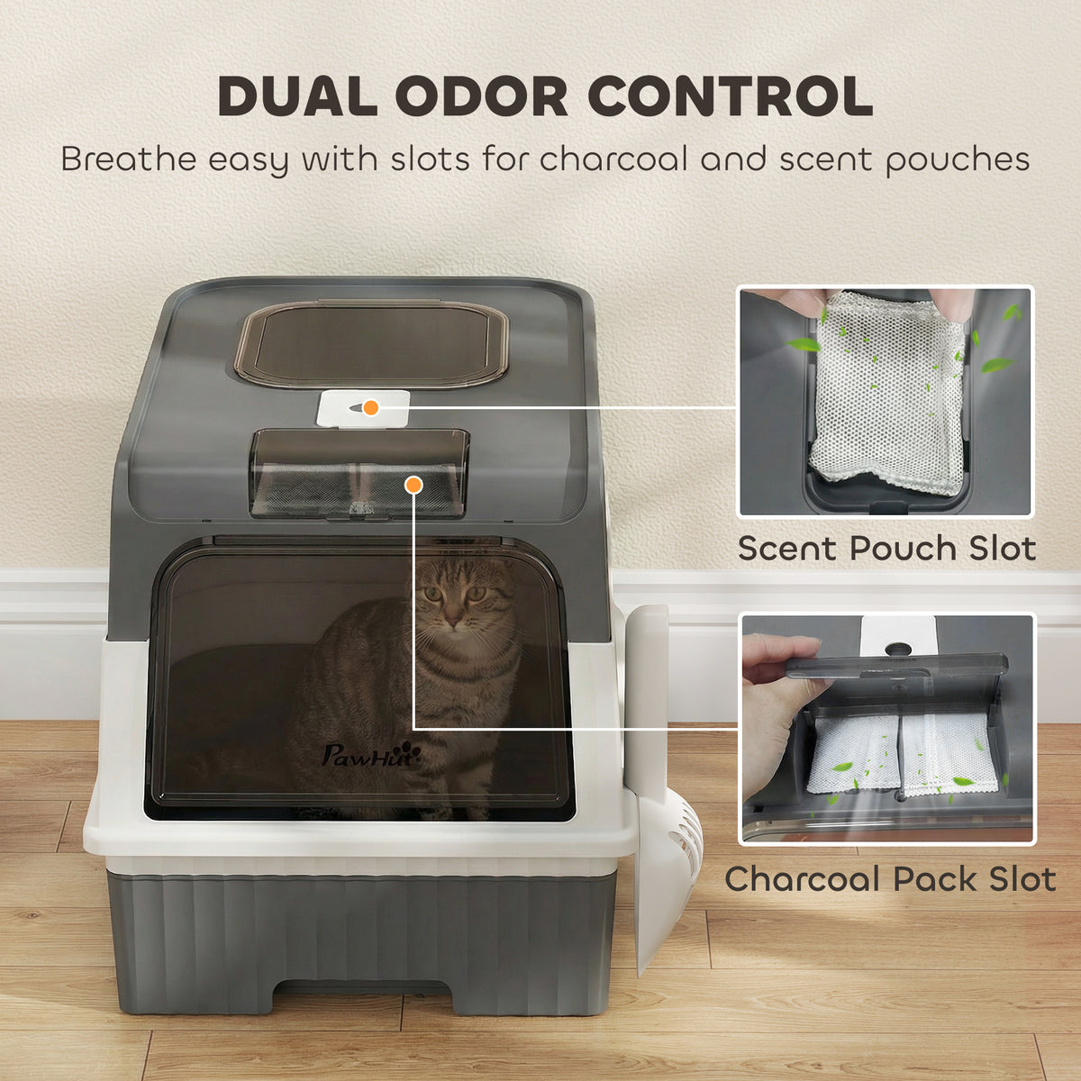 PawHut Enclosed Cat Litter Box with Lid, Pull-Out Drawer Tray, Scoop, 4 Deodorisation Bags, Front Entry & Top Exit, Grey