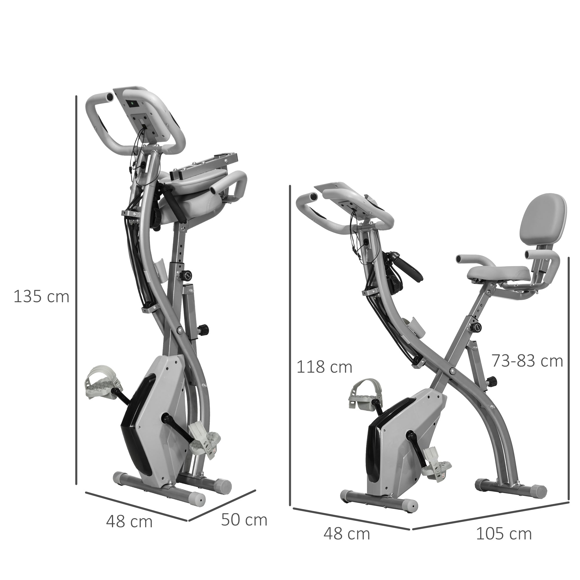 HOMCOM 2-in-1 Folding Exercise Bike with 8-Level Magnetic Resistance, Arm Resistance Band, Pulse Sensor, Grey - North Peak Garden Furniture