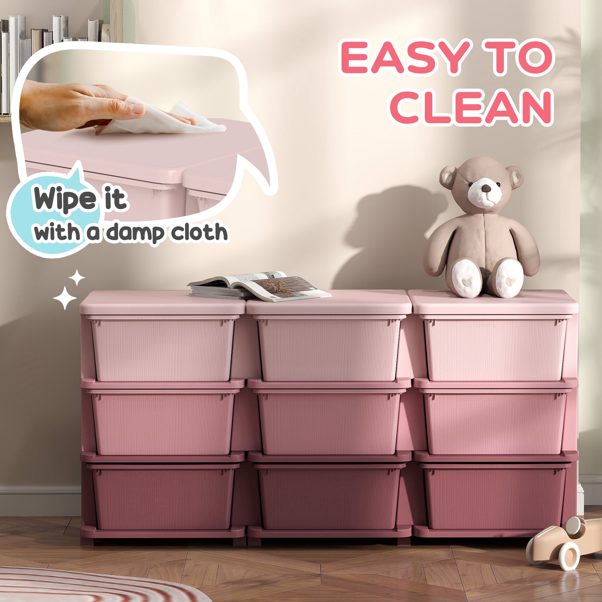 HOMCOM Kids Storage Unit, with Nine Drawers - Pink