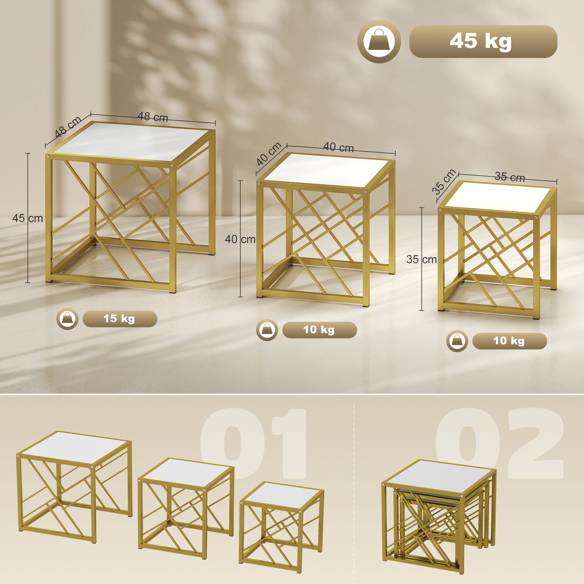 HOMCOM Nesting Coffee Tables, Set of 3 Square Side Tables with Black Metal Frame, for Living Room, Bedroom and Office, White