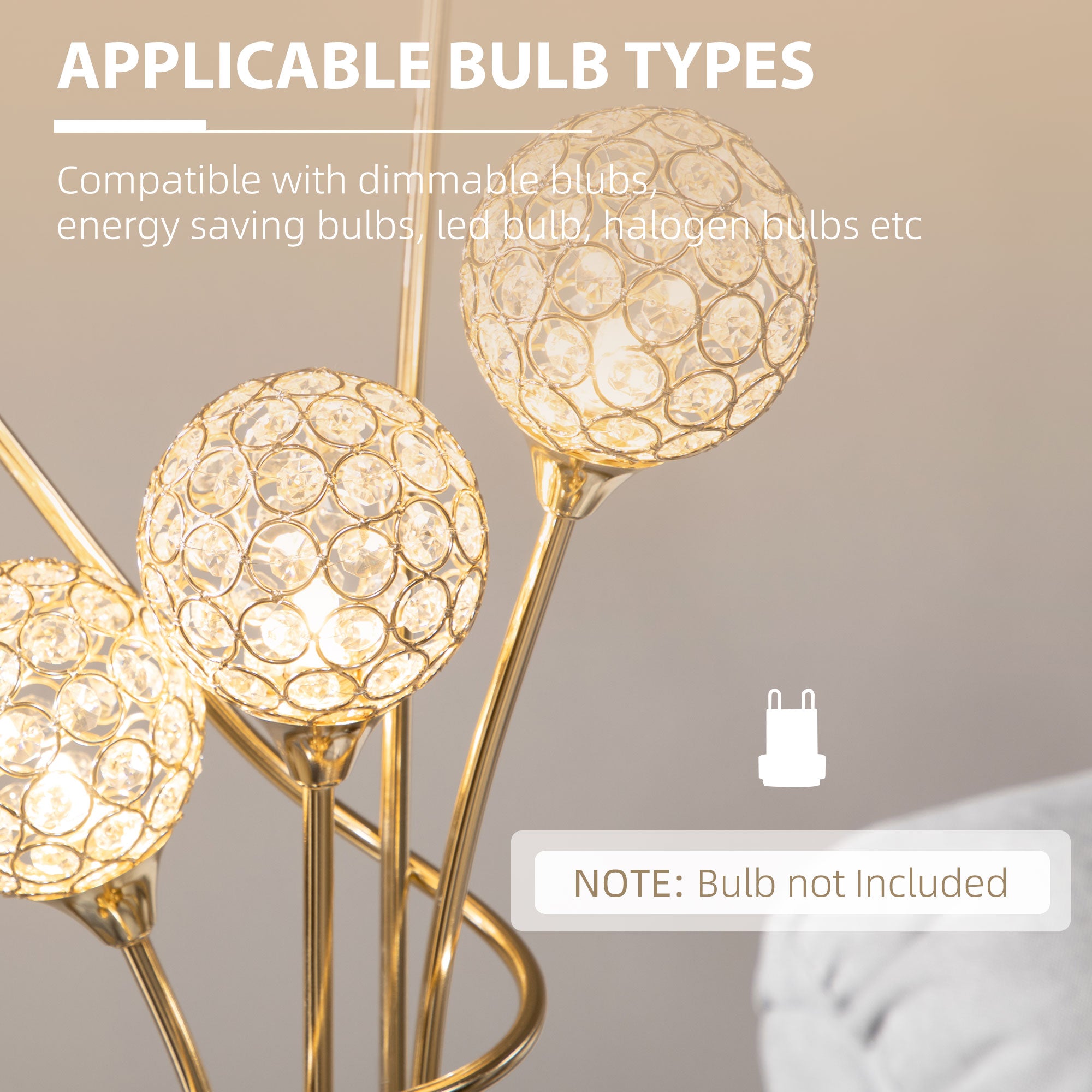 HOMCOM Crystal Floor Lamps for Living Room Bedroom with 5 Light, Modern Upright Standing Lamp, 34x25x156cm, Gold Tone - North Peak Garden Furniture