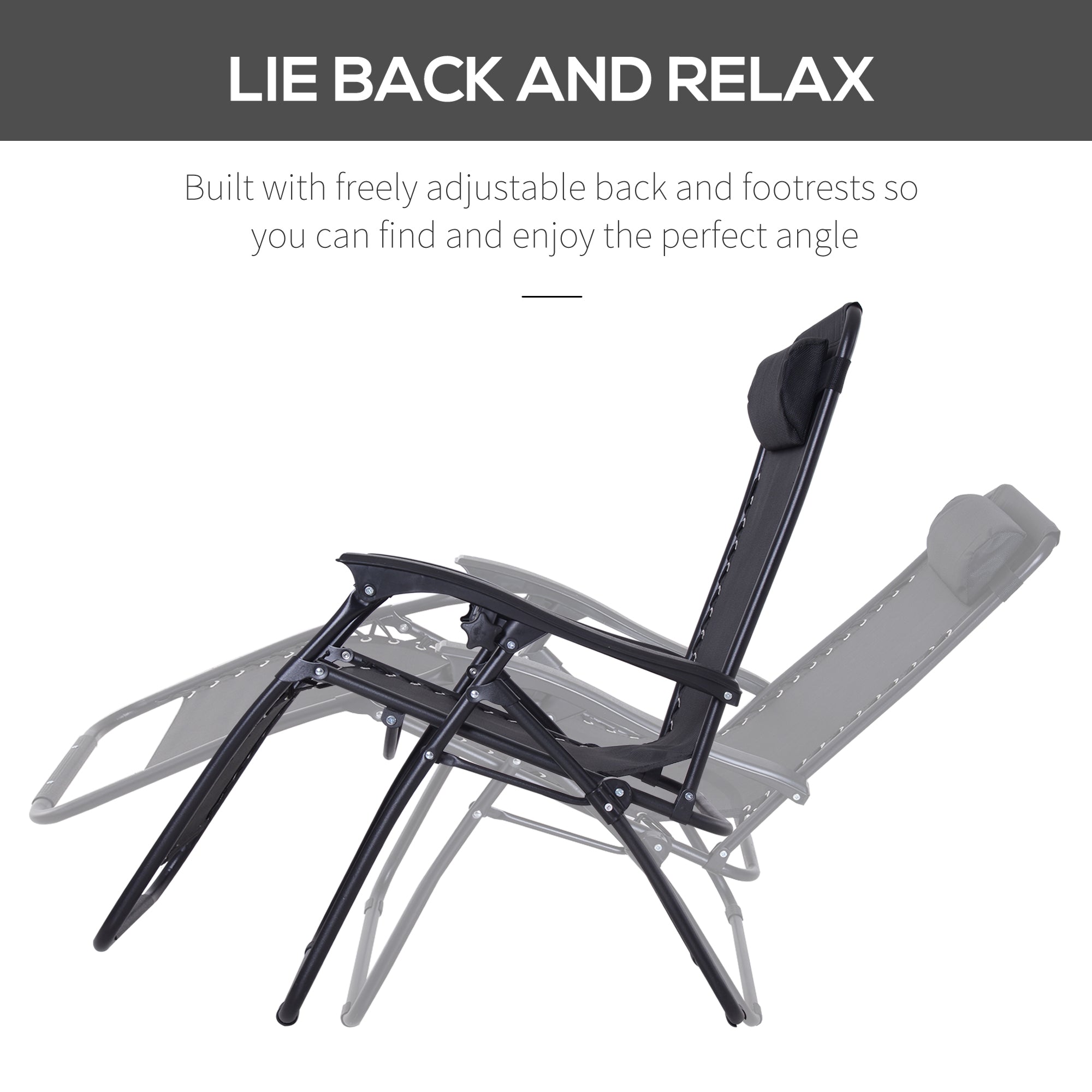 Outsunny Zero Gravity Chair Metal Frame Texteline Armchair Outdoor Folding and Reclining Sun Lounger with Head Pillow for Patio Decking Gardens Camping, Black - North Peak Garden Furniture