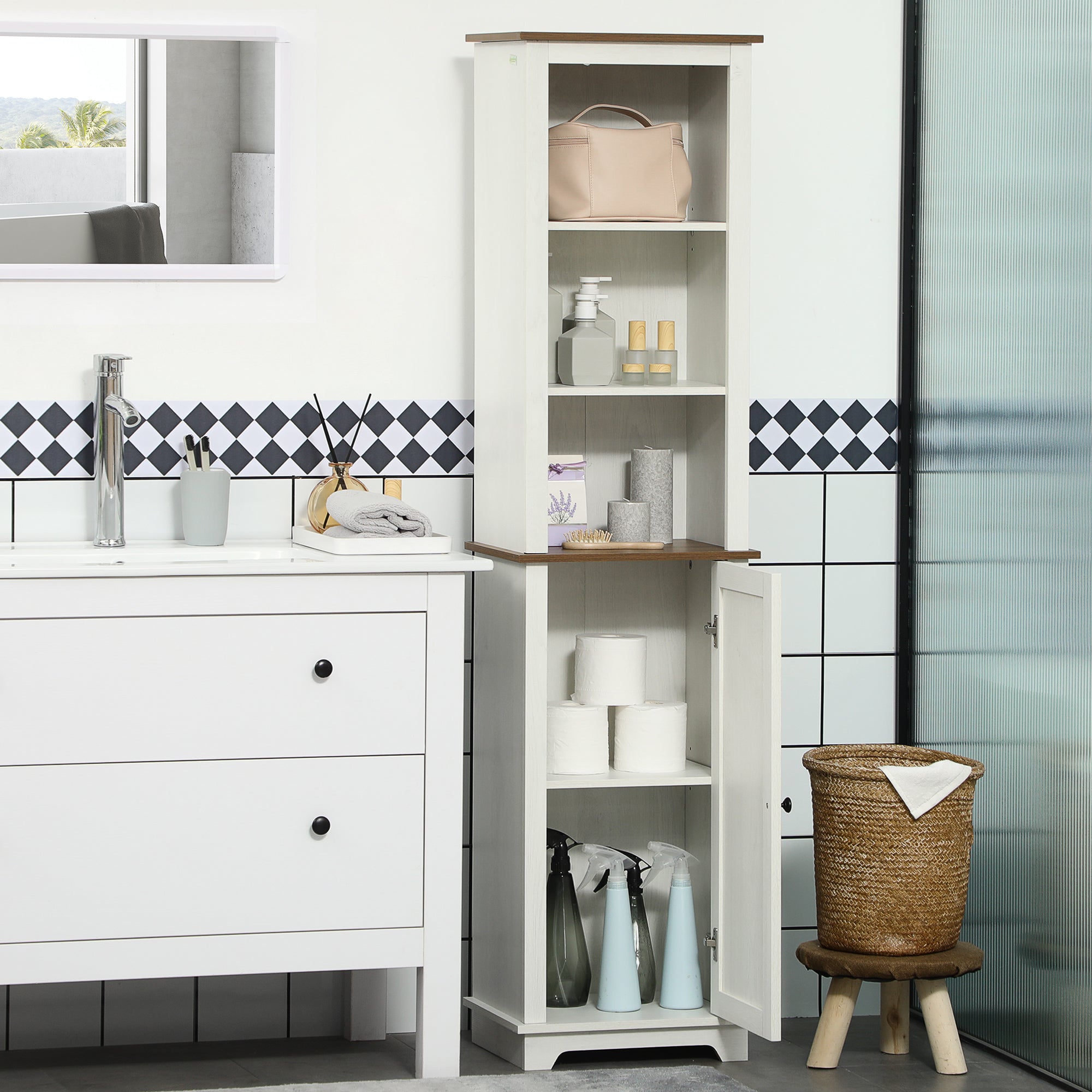 kleankin Bathroom Cabinet, Tall Storage Cabinet with Door and Adjustable Shelves, 39.5 x 30 x 160 cm, White - North Peak Garden Furniture