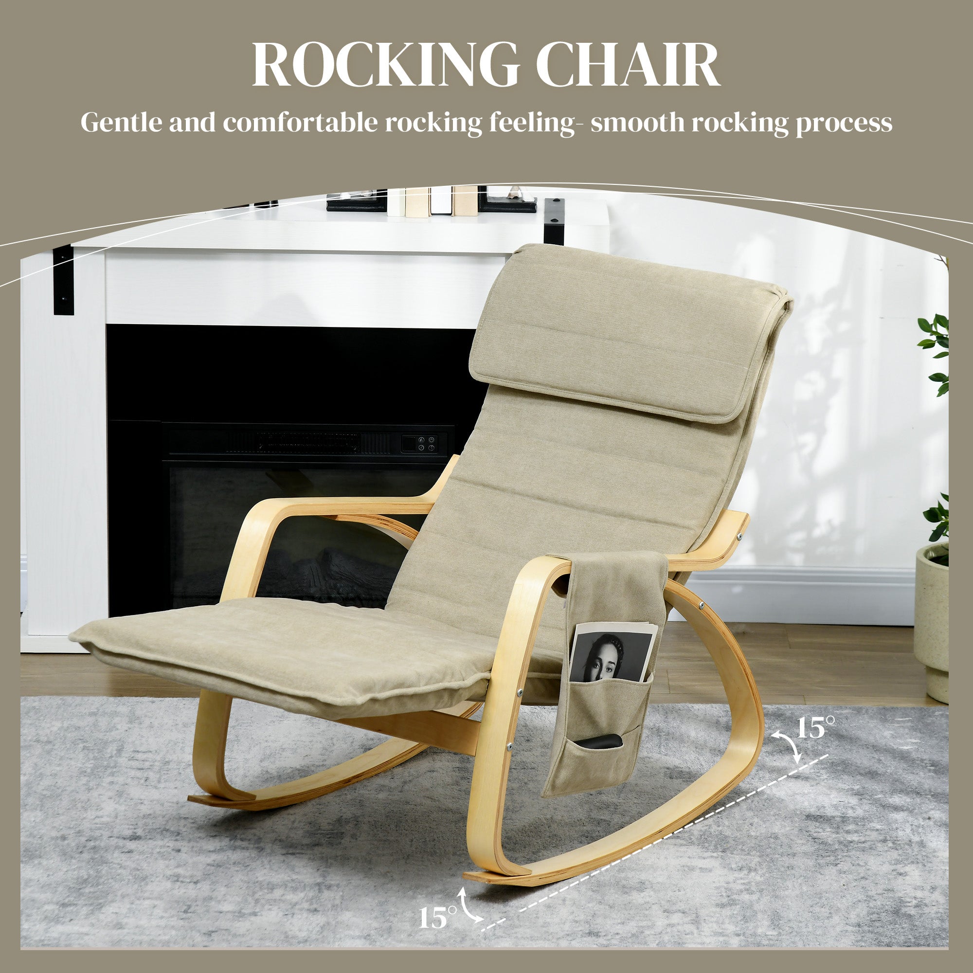 HOMCOM Rocking Lounge Chair Recliner Relaxation Lounging Relaxing Seat with Adjustable Footrest, Side Pocket and Pillow, Khaki - North Peak Garden Furniture