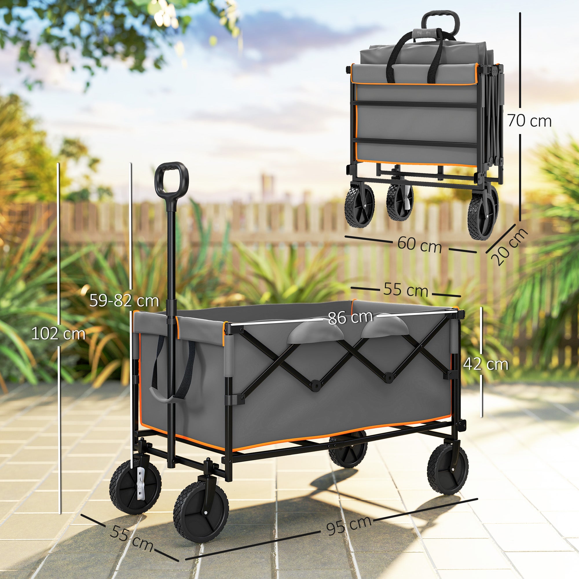Outsunny 160L Festival Trolley on Wheels, Folding Camping Trolley Cart w/ Tailgate, 100kg Heavy Duty Garden Collapsible Folding Wagon w/Adjustable Handle, Carry Bag for Beach Picnic, Grey and Orange - North Peak Garden Furniture