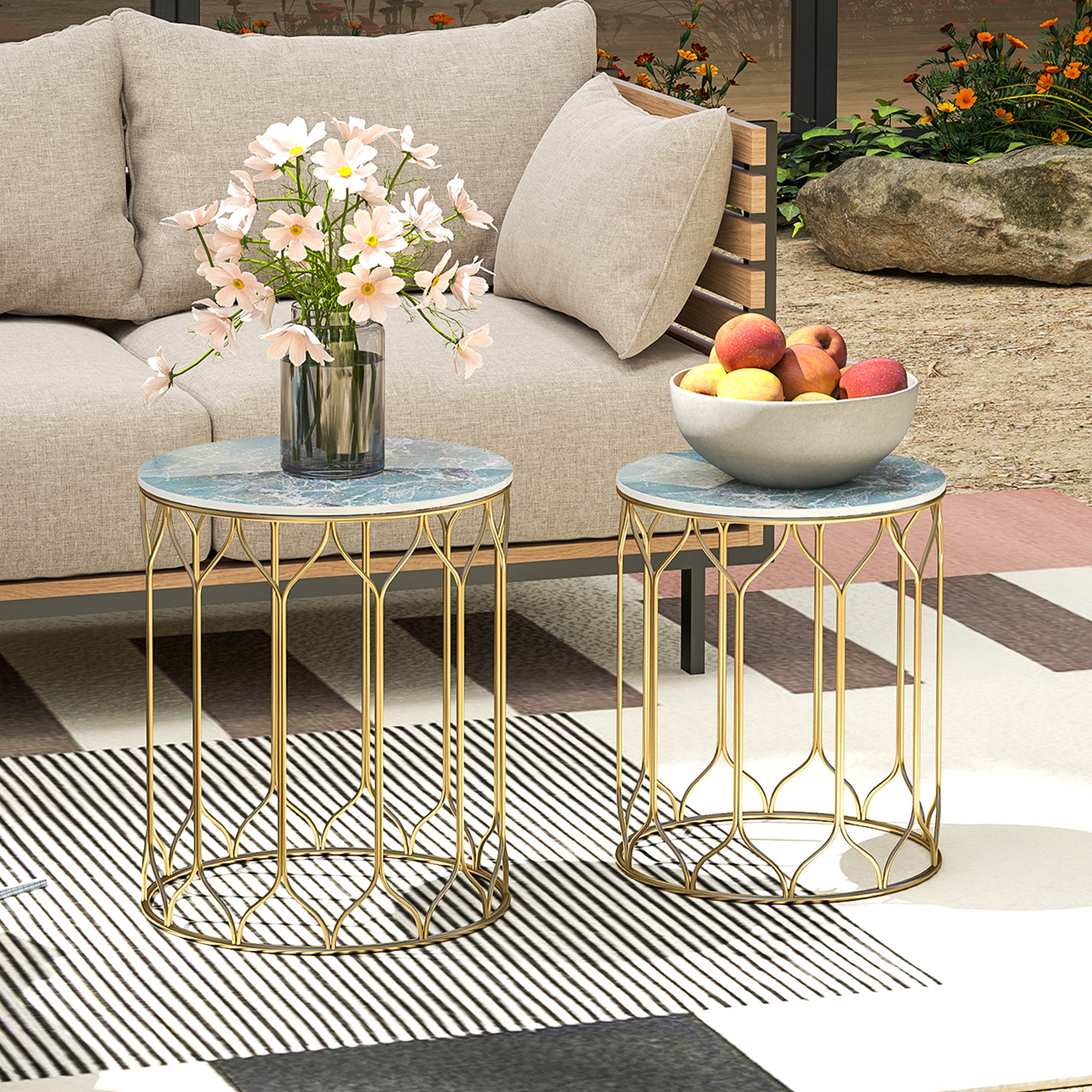 Outsunny Garden Side Table Set of 2, Nesting Tables with Ceramic Tile Top, Indoor Outdoor Small Garden Tables, Multifunctional End Tables with Metal Frame for Patio, Balcony, Porch, Multicoloured - North Peak Garden Furniture