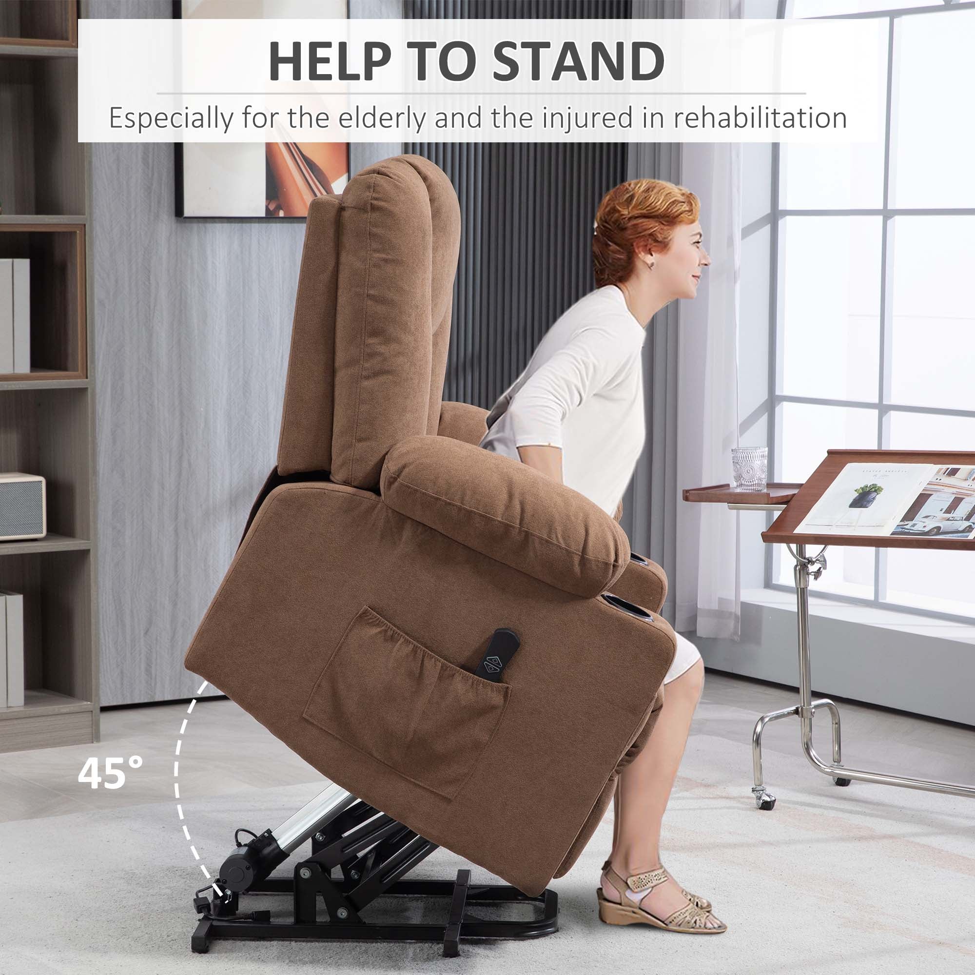 HOMCOM Oversized Riser and Recliner Chairs for the Elderly, Fabric Upholstered Lift Chair for Living Room with Remote Control, Side Pockets, Cup Holder, Brown - North Peak Garden Furniture