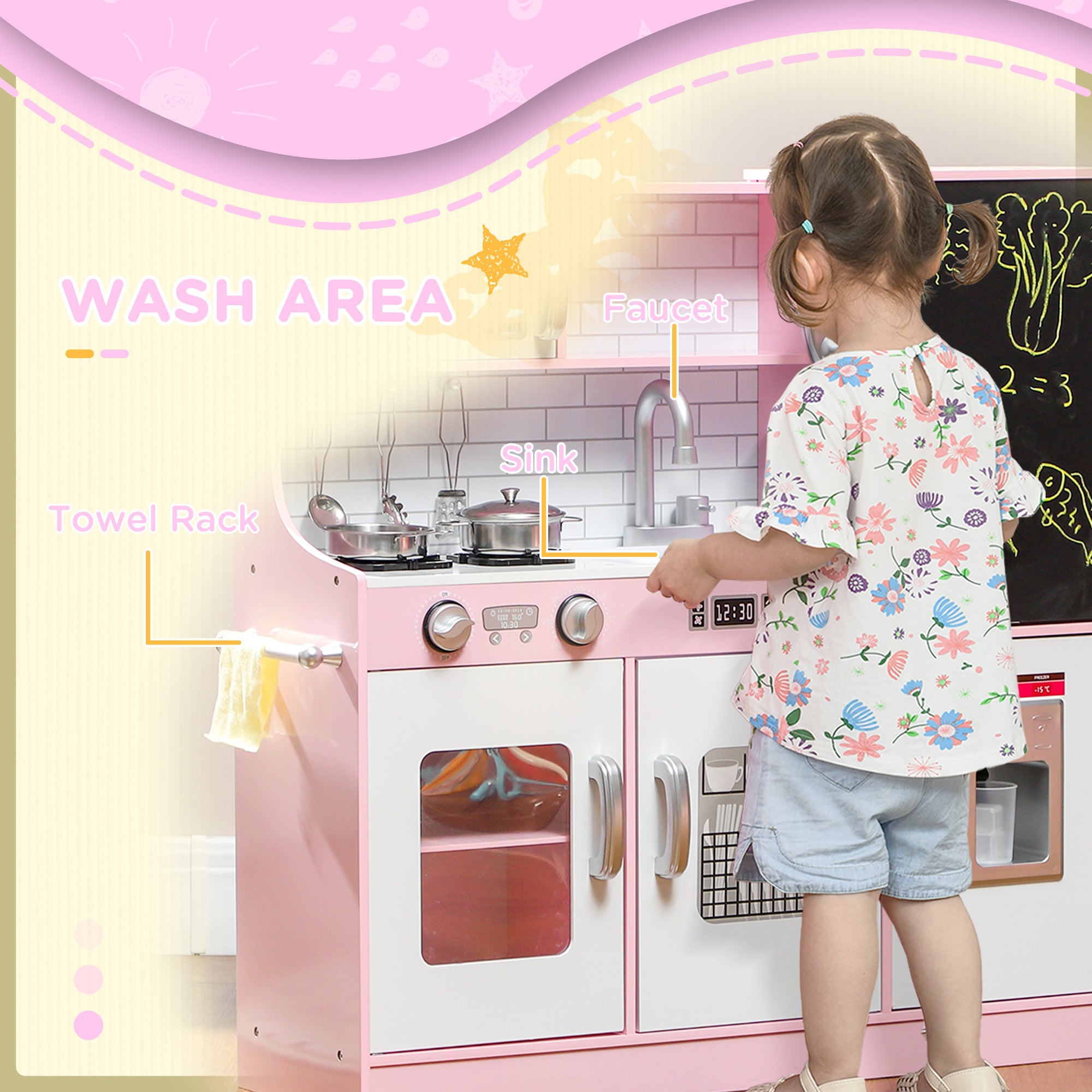 AIYAPLAY Pretend Play Kitchen Kids Kitchen Playset w/ Toy Phone, Chalkboard, Microwave, Cooking Stove, Sink - North Peak Garden Furniture