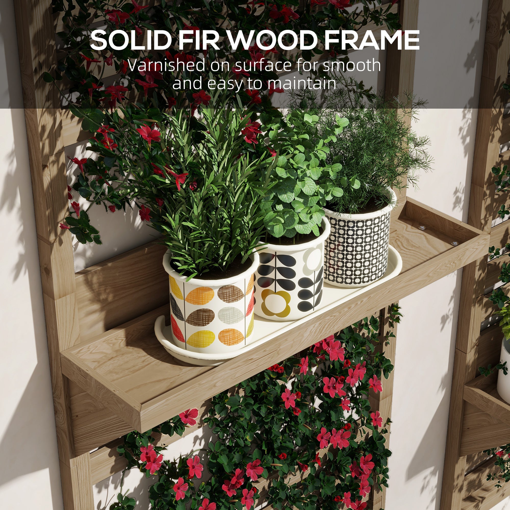 Outsunny Wall Mounted Plant Stands Set of 2, Fir Wood Flower Stand with Shelves and Slatted Trellis for Patio, Balcony, Porch - North Peak Garden Furniture
