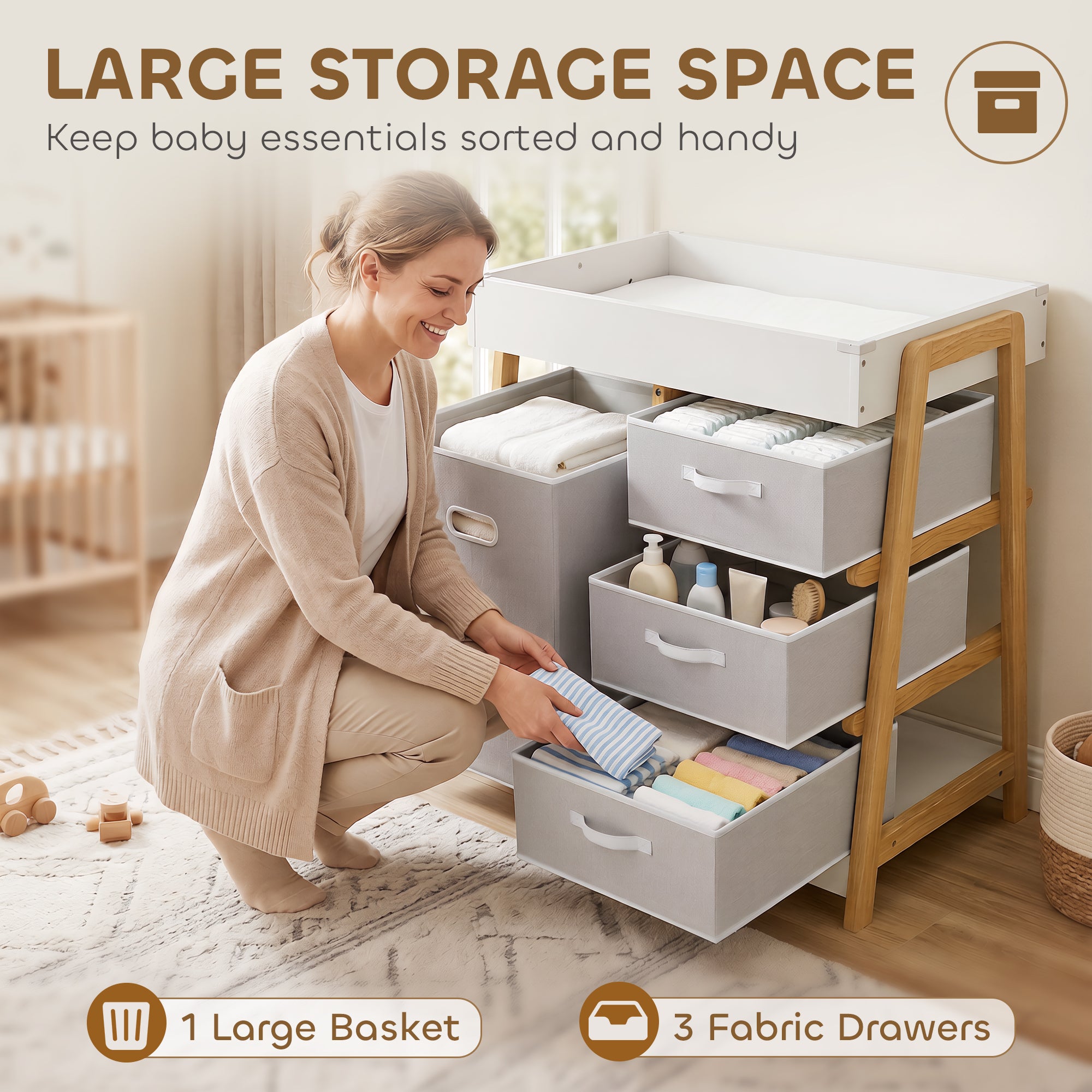 AIYAPLAY Baby Changing Table, Baby Changing Unit with 3 Drawers, Large Basket and Waterproof Pad for Bedroom Nursery, White