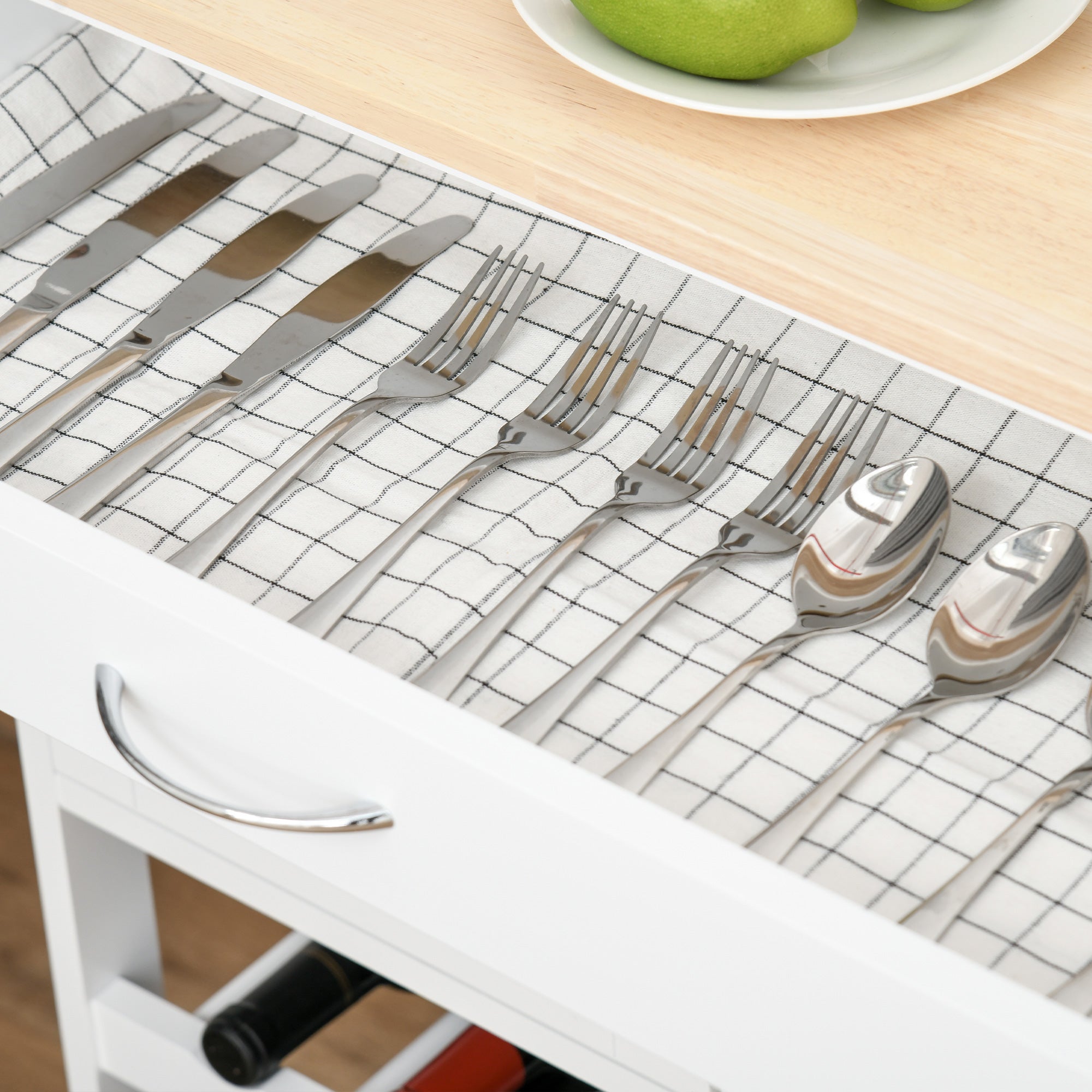 HOMCOM Modern Kitchen Trolley, Rolling Island Storage Cart with Drawer, 9-bottle Wine Rack, Door Cabinets, Wooden Countertop, White - North Peak Garden Furniture